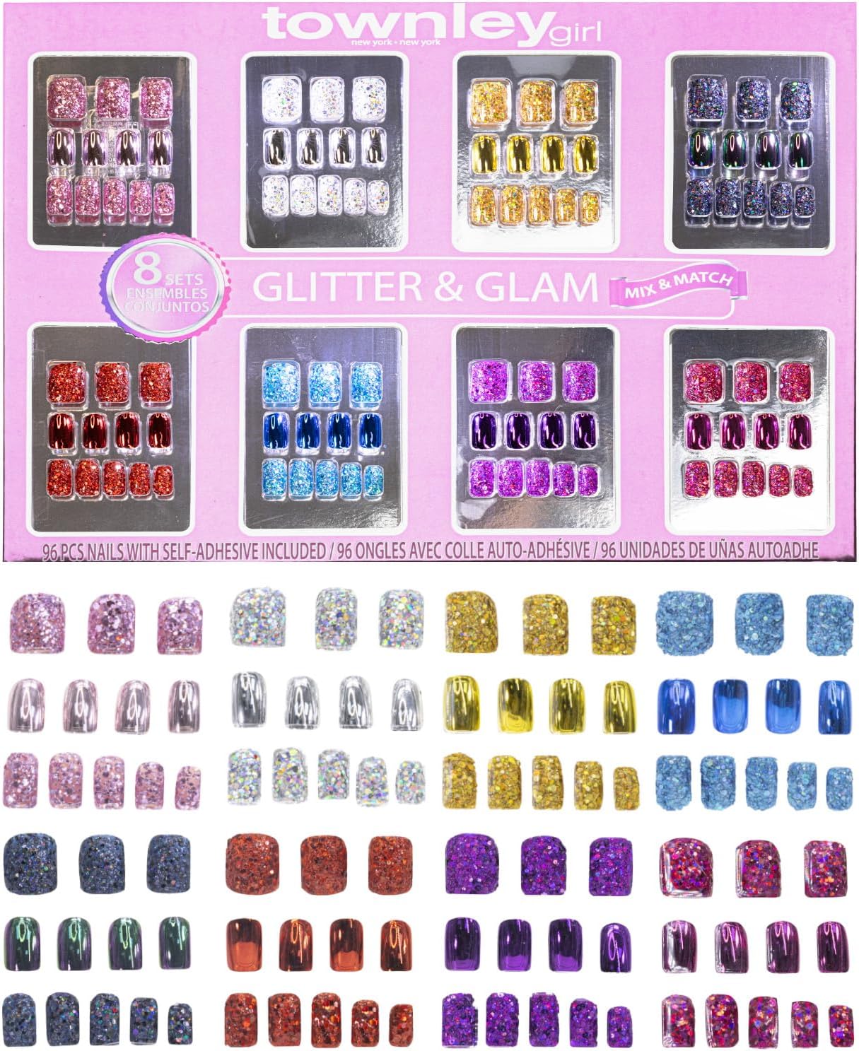 96 Pcs Glitter-Glamup & Metallic Press-On Nails Artificial Fake False Nails Set for Tweens with Pre-Glue Full Cover Acrylic Nail Tip Kit, Great for Gifts, Parties, Sleepovers & Makeovers