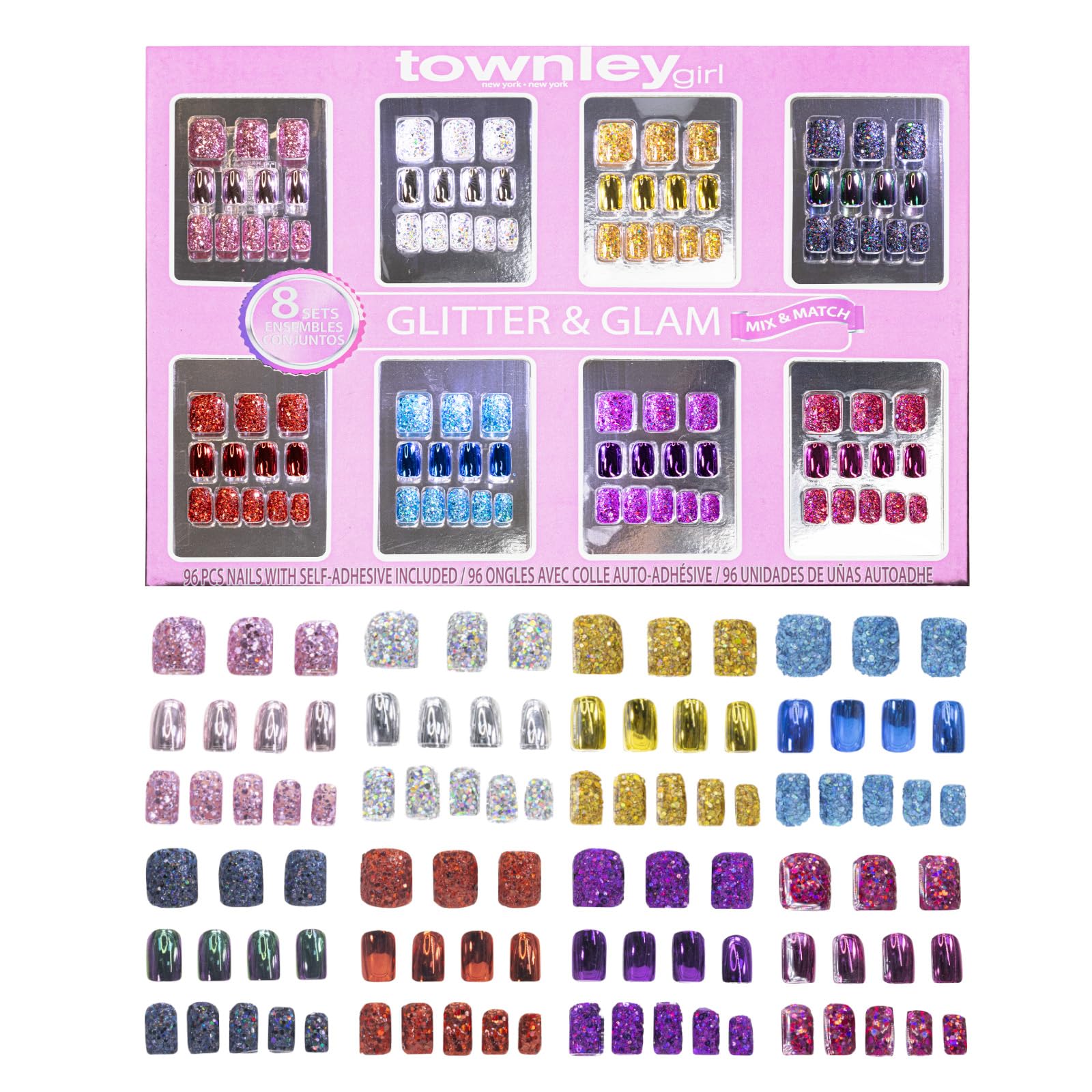 Townley Girl 96 Pcs Stick on Nails Set | Glitter-Glamup & Metallic Press- On Nail Sets for Girls | Self-Adhesive Artificial Nails