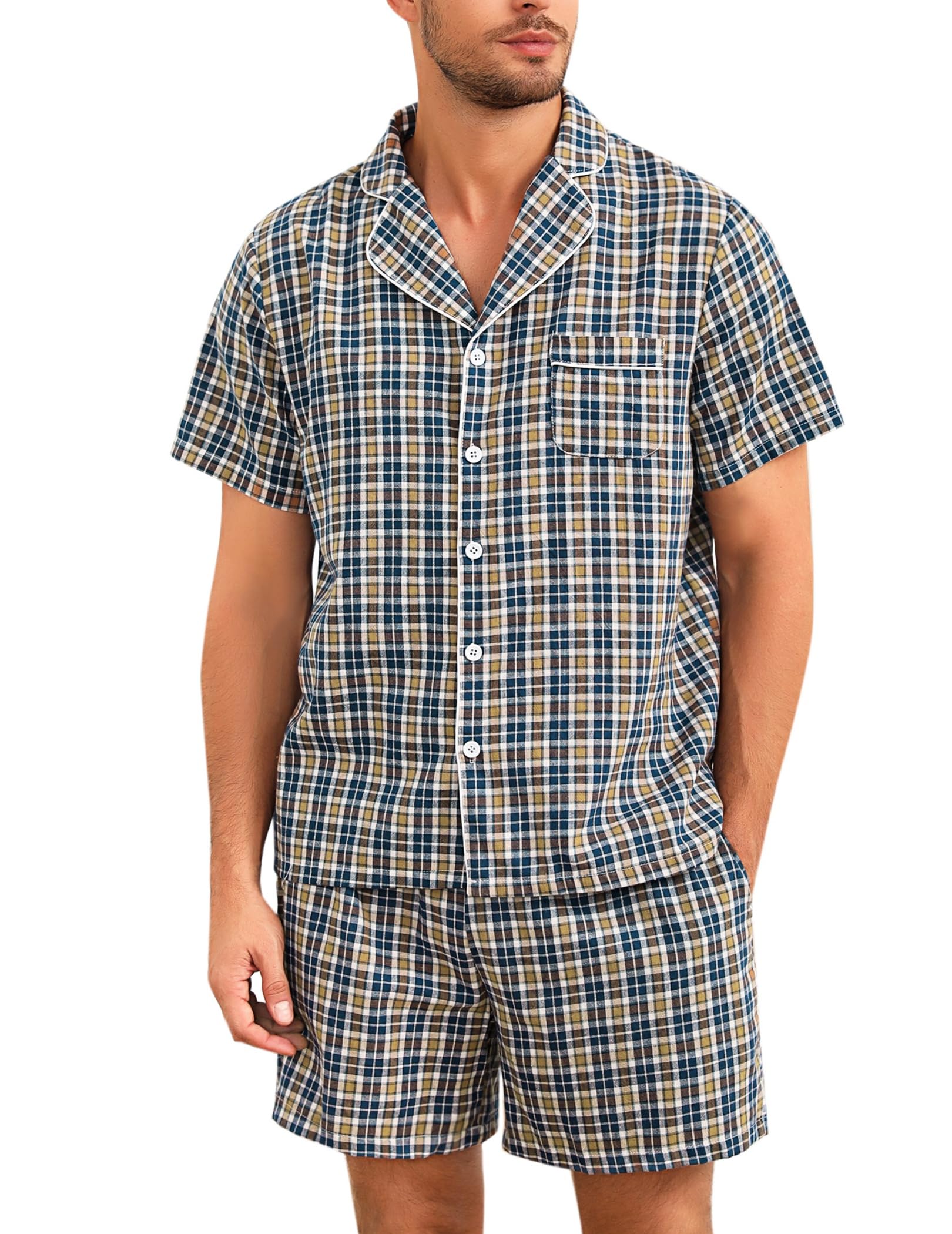 Marvmys Mens 100% Cotton Pajama Set Sleepwear Short Sleeve Pj Set Button Down Lounge Set Plaid Pajamas S-3XL