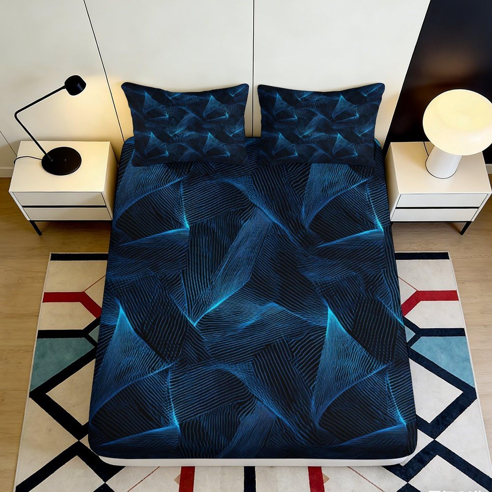 Uynsixtme Style-10 3D Printed Blue Abstract Pattern Fitted Sheet Microfiber Deep Pocket Bedroom Bedding Mattress Fitted Cover Washable 200X200x25cm