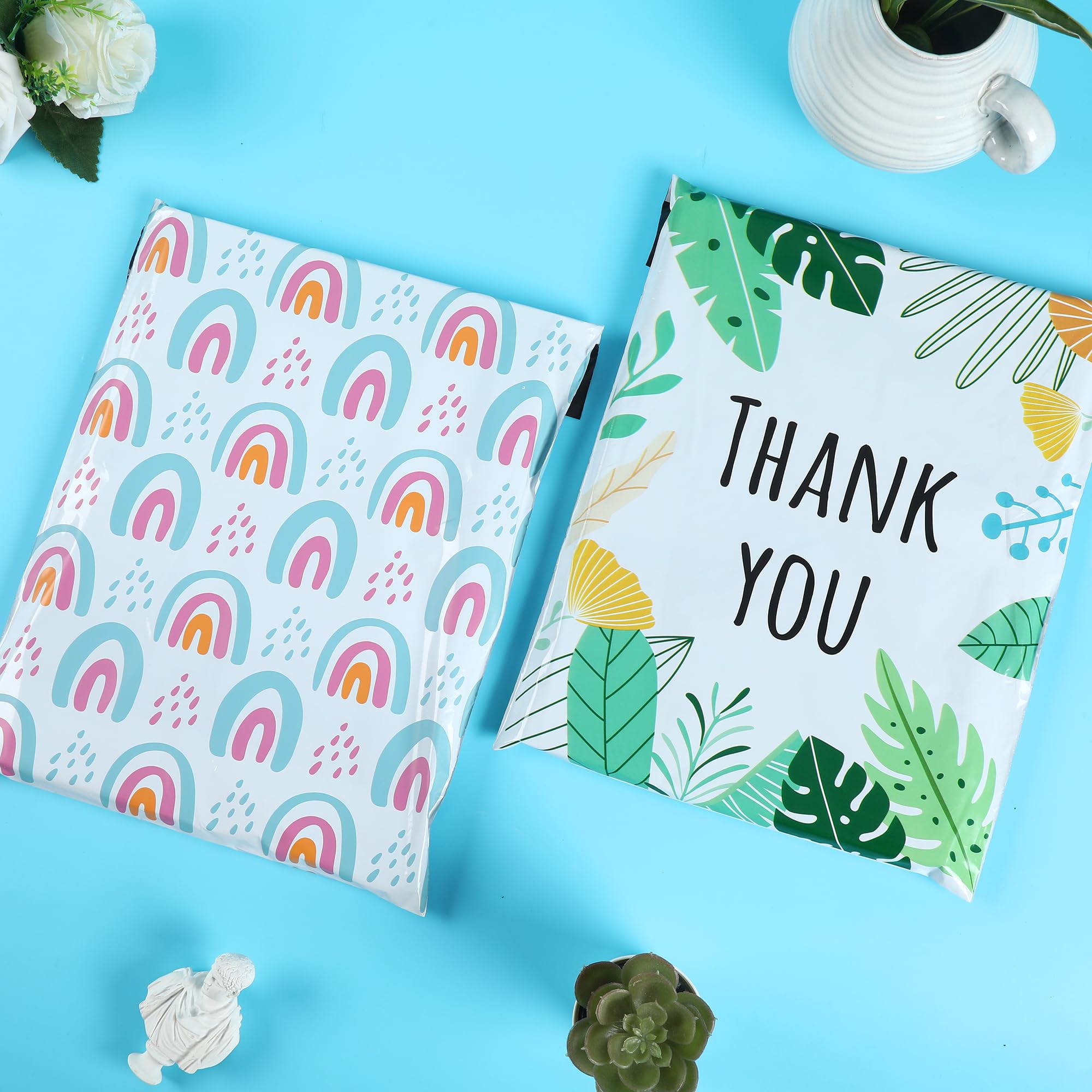 SHIPKEY 100 Pcs Blue Rainbow Poly Mailers 10x13inch, Water-proof Thank You Poly Mailers for Jewelry, Earrings, Mailers for Small Business (25x33 cm)