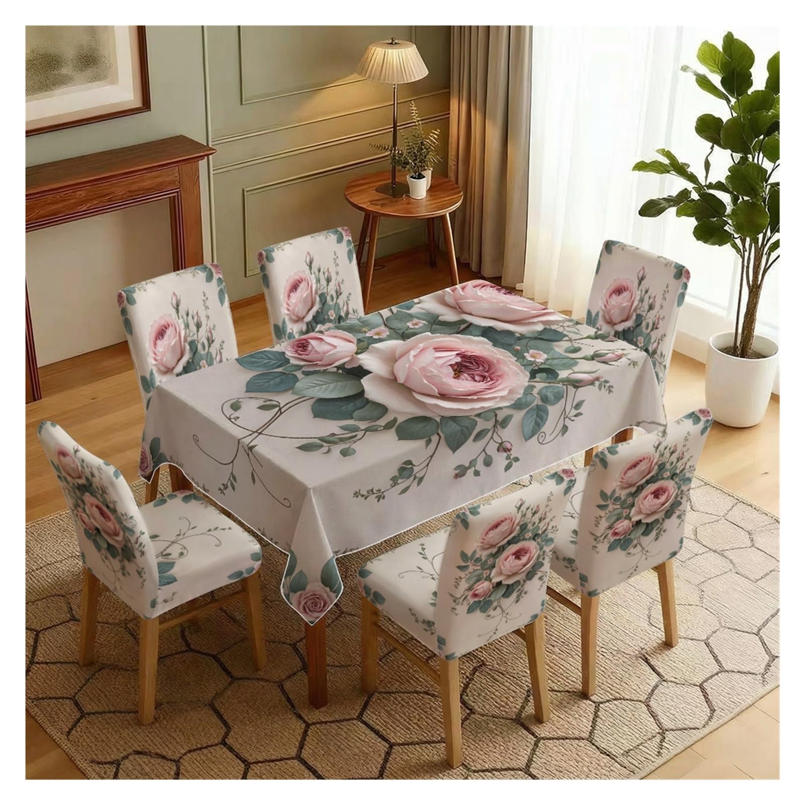 BOSUYBN Vintage Pink Rose Green Leaf Vine Printed Dining Tablecloth & Chair Covers Set, 5/7 Piece Soft Romantic Shabby Chic Cottage Dining Decor Table Setting(7pcs Set: Tablecloth+Chair Covers)