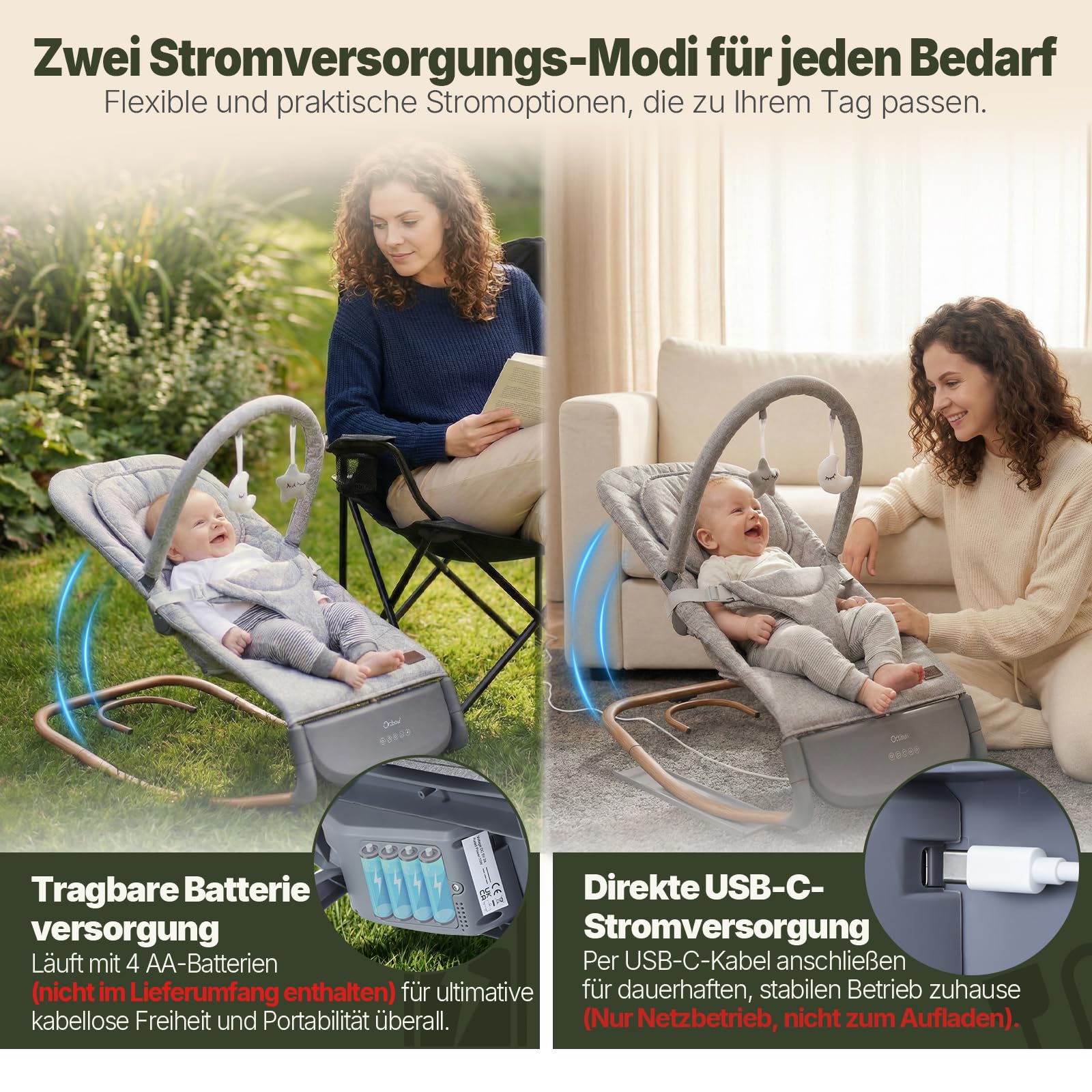 Baby Rocker Elektrische, Automatische Schaukeln mit Klopf-Sensor | 3 Schwinggeschwindigkeiten & Touchpanel, 2 Timer (30/60 Min), 8 Schlaflieder, Bis 9kg & 65cm, Zephyrgrau