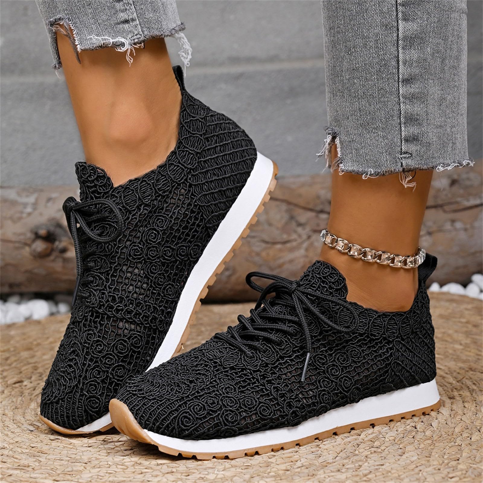 Chaussures Running Femme Baskets de marche tendance en pour femmes – Chaussures décontractées légères et respirantes en dentelle avec semelle coussinée et en souple – Baskets à lacets élégantes pour