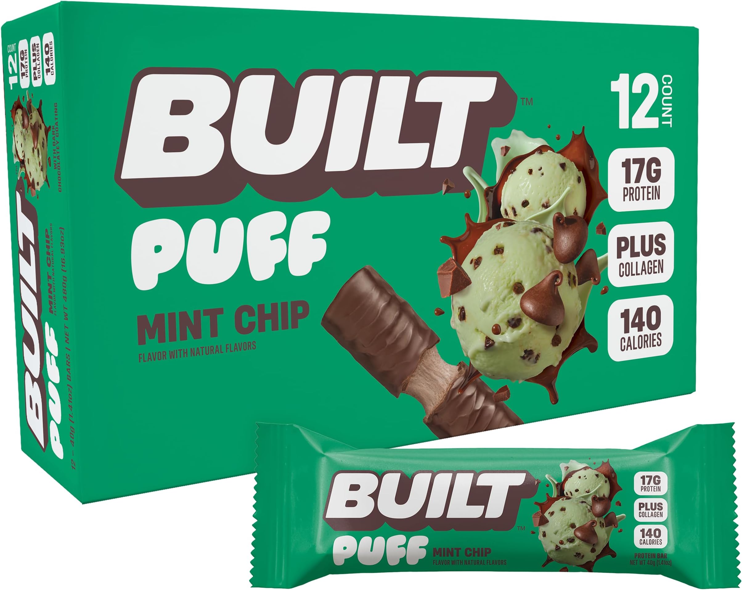 Puff Protein Bars - Mint Chip - 17g Protein Snack Bars with Collagen - Calorie Conscious & Gluten Free - 12 Count
