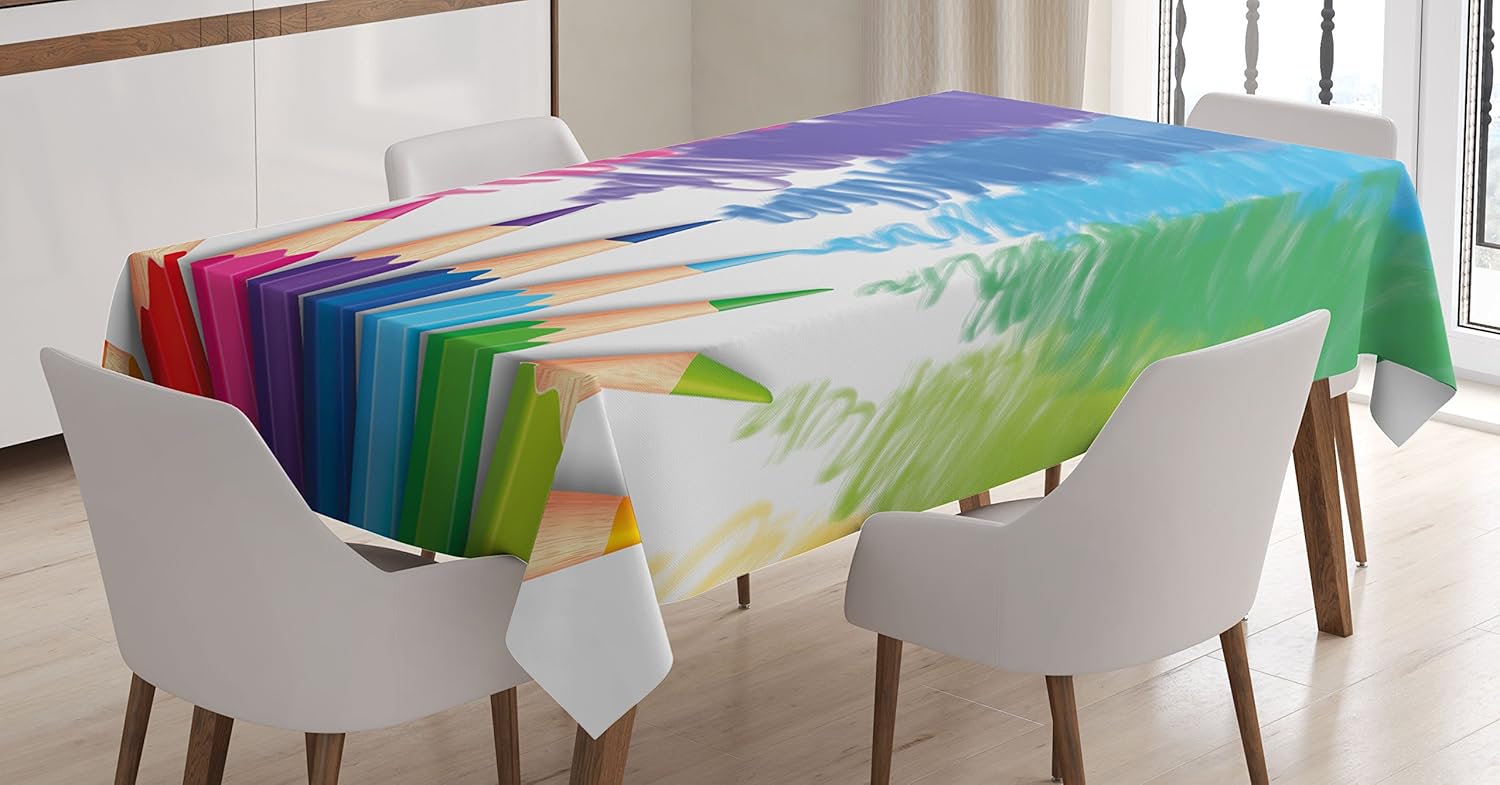 Ambesonne Colorful Tablecloth, Colorful Crayons and Pencils Student Design Theme Sketch Style, Rectangular Table Cover for Dining Room Kitchen Decor, 52" X 70", Pink