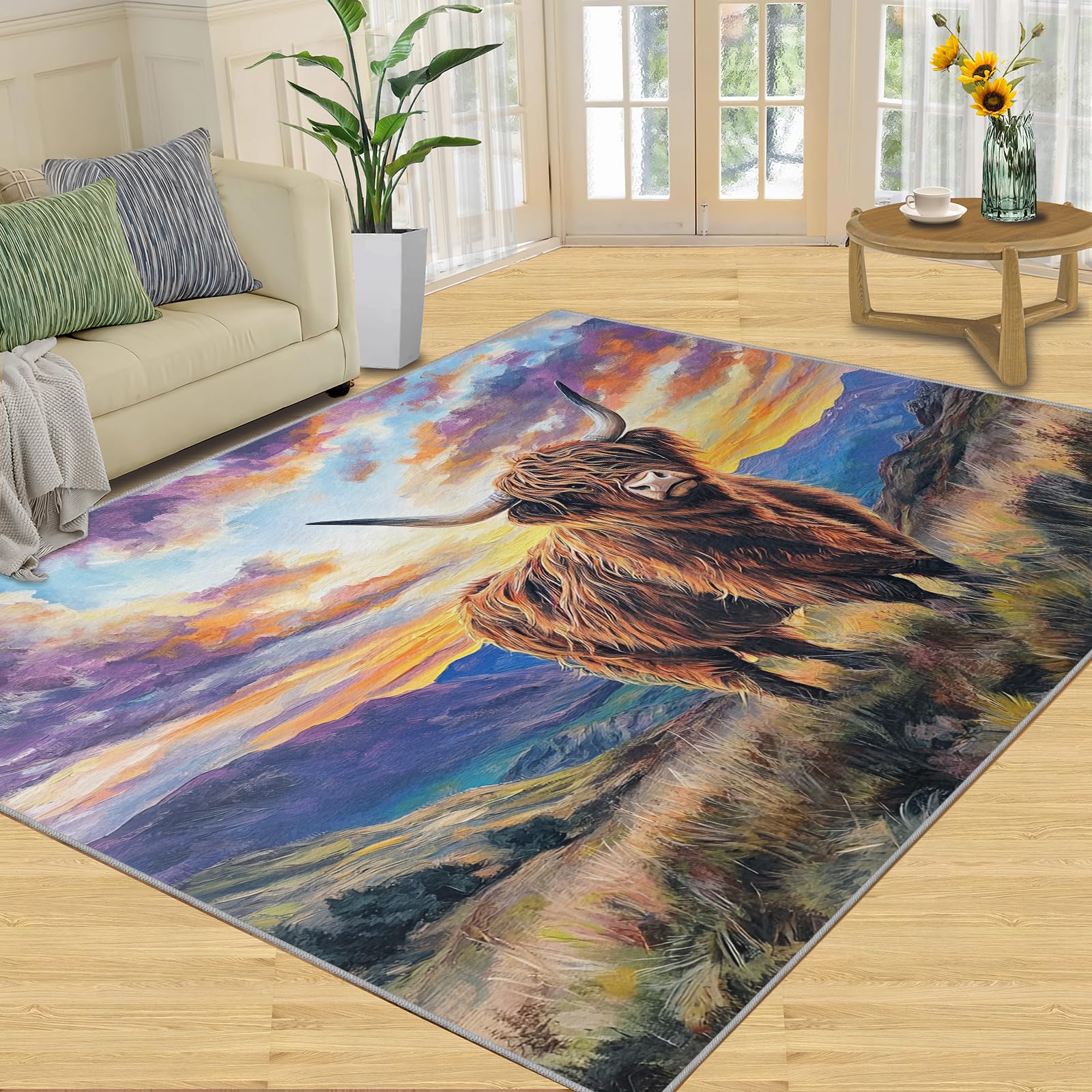 Tapis motif vache lavable Highland pour protéger le sol des animaux et enfants