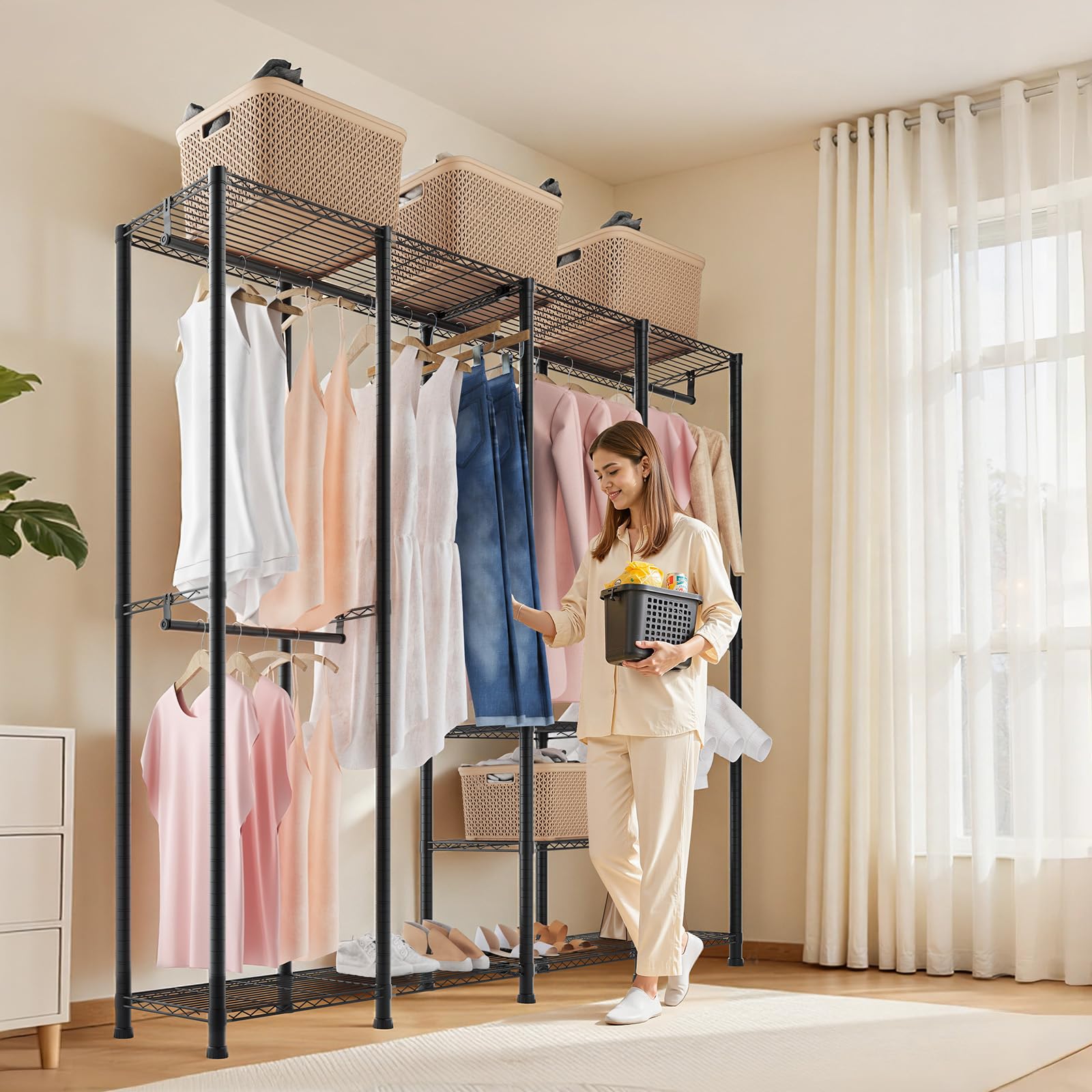 VEVOR Perchero Ajustable, con 4 Barras, Capacidad de Carga de 499 kg y 10 Estantes, Armario Abierto Resistente para Dormitorio, Tienda de Ropa, Guardarropa y Pasillo, Negro, 193 x 40 x 194 cm