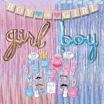 Baby Shower Photo Booth Props Gender Reveal Backdrop Baby Gender Reveal Party Supplies Boy or Girl Banner Boy Girl Foil Balloons for Party Decorations