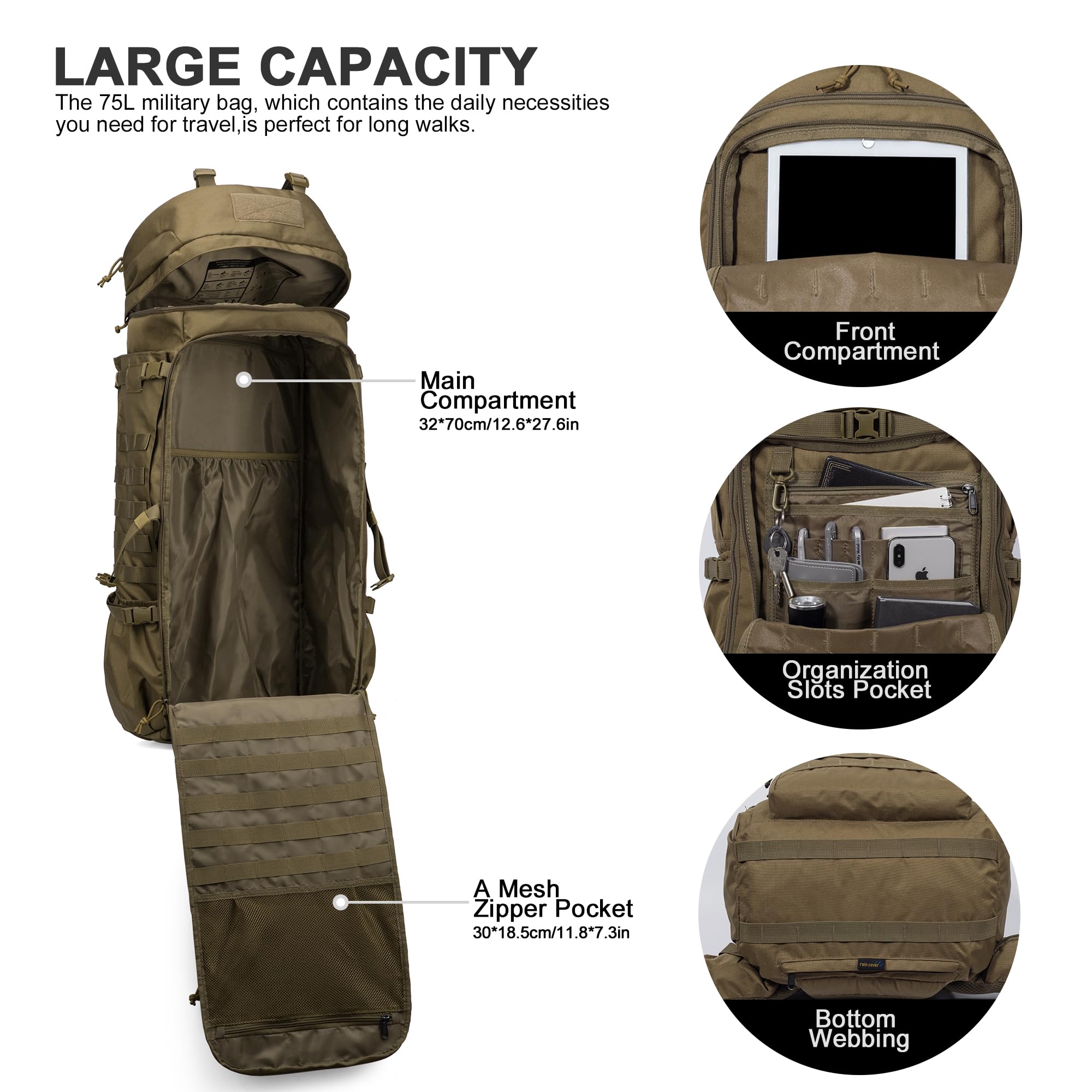 Mardingtop 75L Mochila Táctica Mochila Trekking Montaña con Cubierta de Lluvia, MOLLE Sistema de Senderismo Mochila de Gran Capacidad Mochila al aire libre para Trekking, Senderismo y Camping