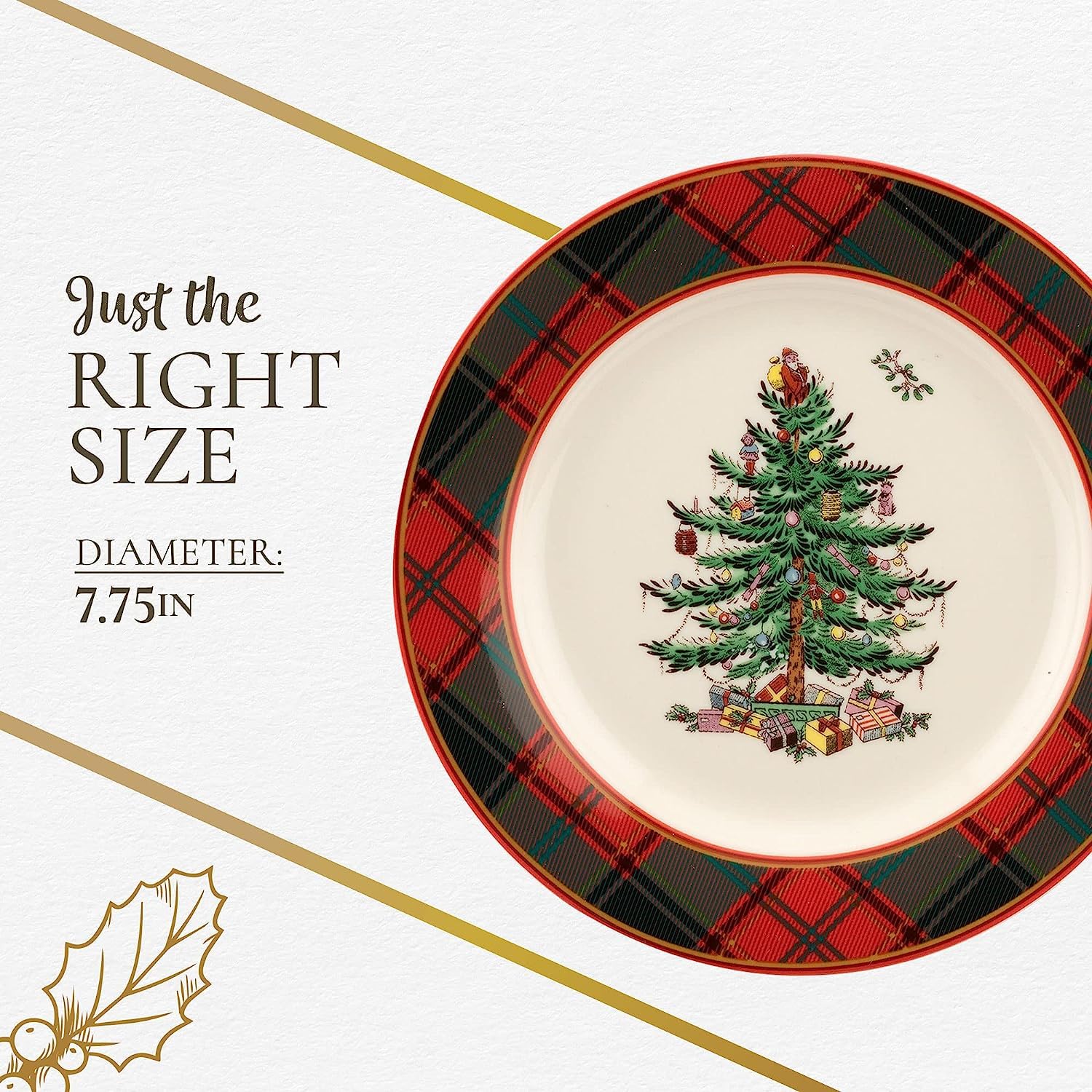 Spode Set di stoviglie da 12 pezzi, motivo albero di Natale, servizio per 4 persone, stoviglie festive con piatti e tazze, stoviglie di Natale in terracotta fine, adatte al microonde e alla