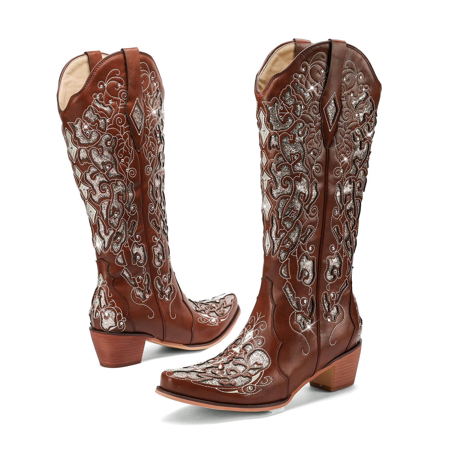 Western Cowboy Boots with Comfortable Calf Black Cowgirl Boot Women Sparkly Rhinestone Wedding Boots Trendy Vintage Tall Glitter Boot with Embroidery