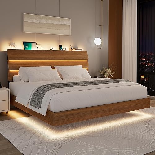 Miniatura 18 de Feonase Base de cama flotante tamaño Queen con luces LED y estación de carga, base de cama de madera tamaño Queen con cabecero de almacenamiento,