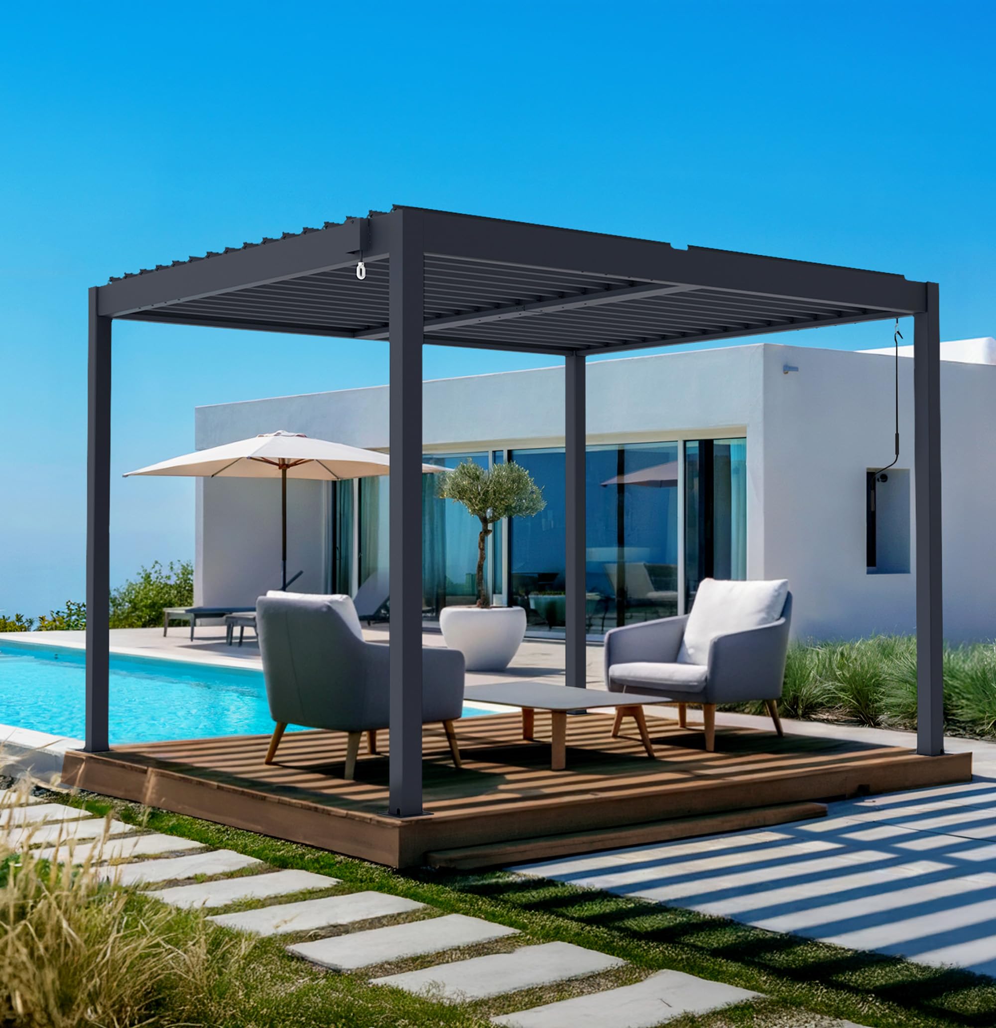 CAZEBOO Pergola Bioclimatique Autoportante Piana 3x2,​5 m - 7,​5 m² – Pergola Aluminium Gris avec Lames Orientables en Acier – Abri Terrasse et Jardin