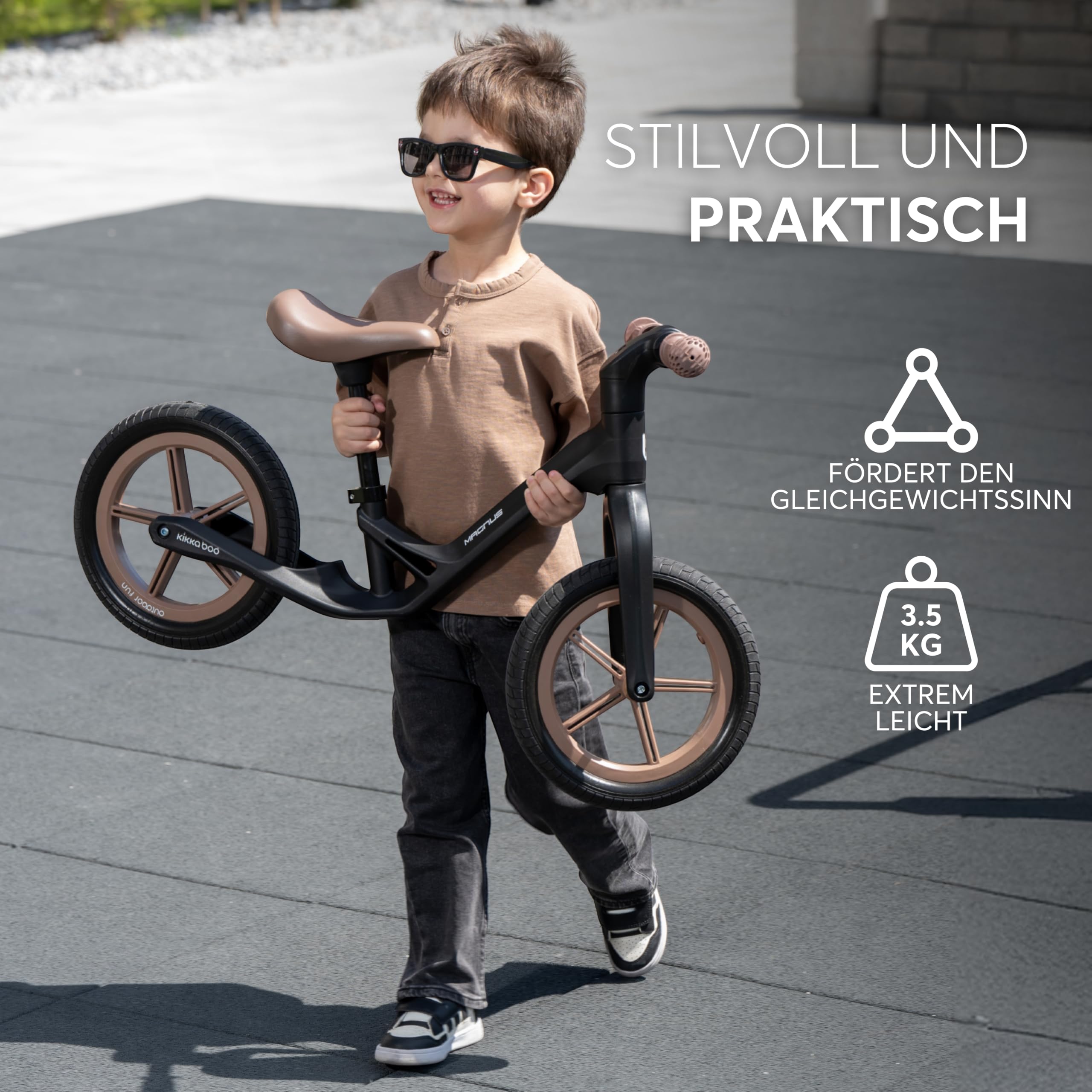 KikkaBoo Magnus Laufrad für Kinder 3–6 Jahre, Leichter Fiberglas Rahmen, Verstellbarer Sitz, rutschfeste Griffe, Robuste PU Räder