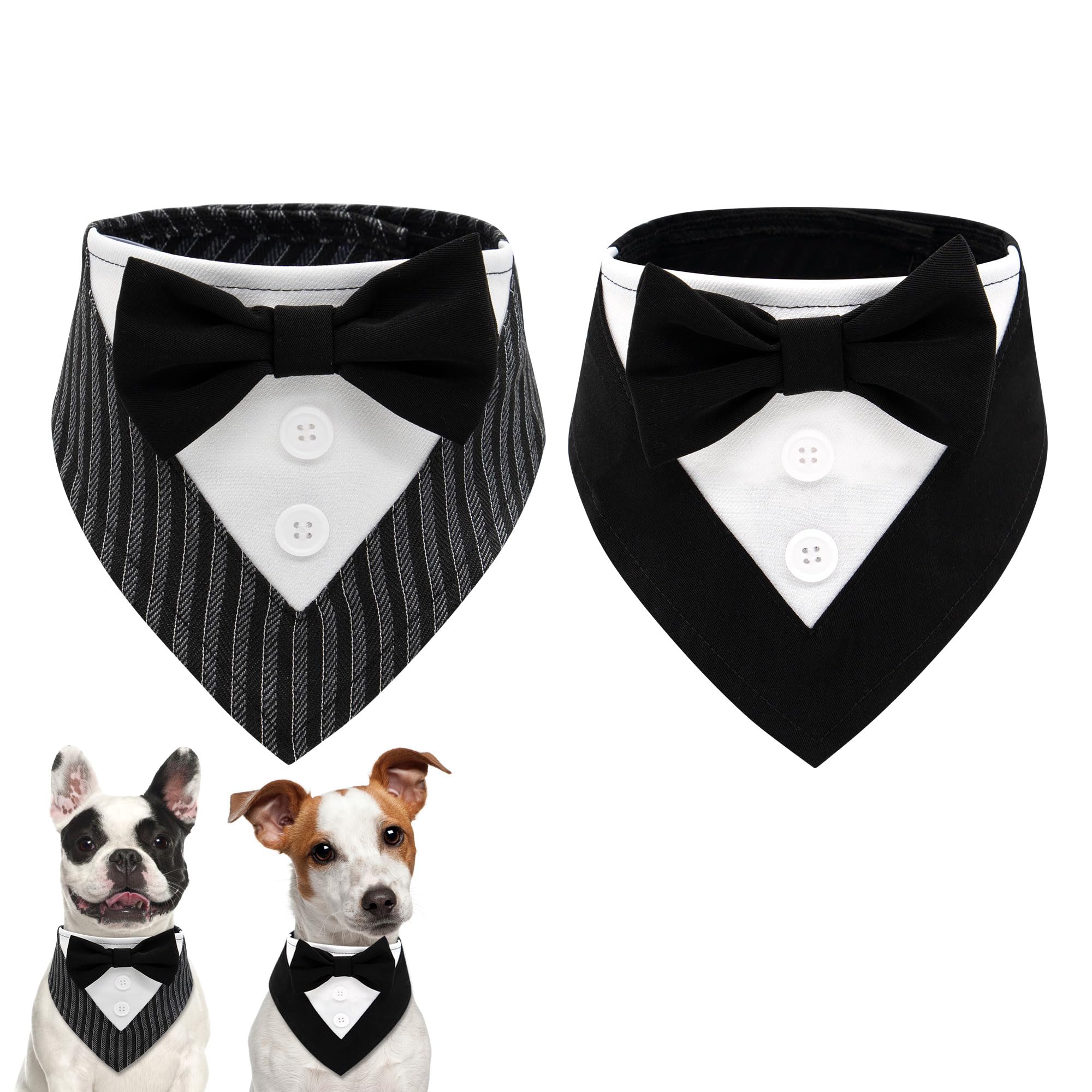 cyeollo 2pack Dog Tuxedo Bandanas for Small Medium Dogs Adjustable Bow Tie Dog Wedding Collar Pet Holiday Party Birthday Dog Costumes, Black & Striped L