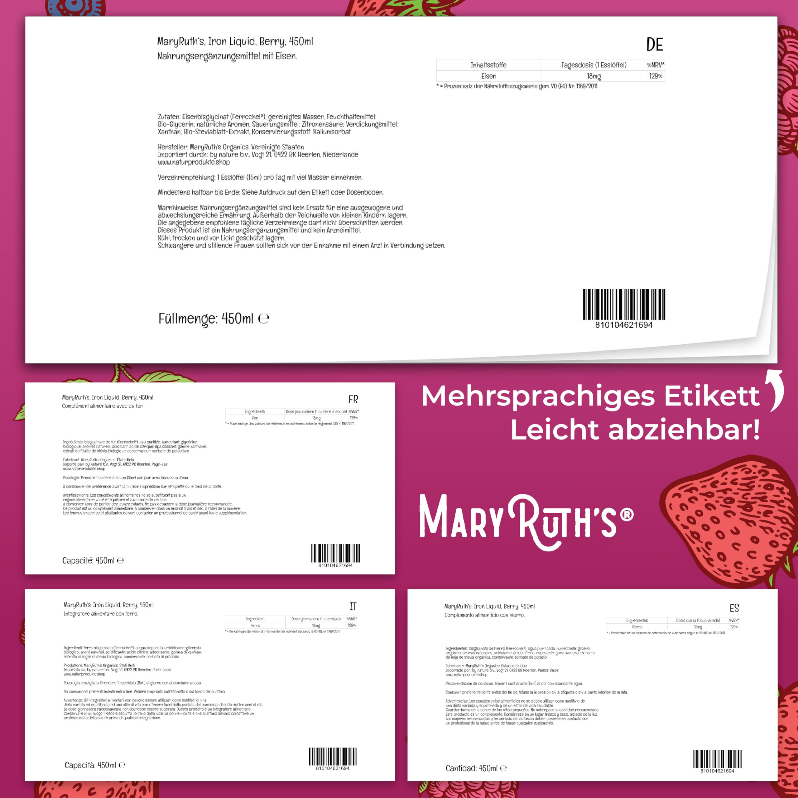 MaryRuth's, Liquid Iron, 450ml, 18mg Eisen je Dosis, Beerengeschmack, Vegan, Glutenfrei, Sojafrei, GMO frei