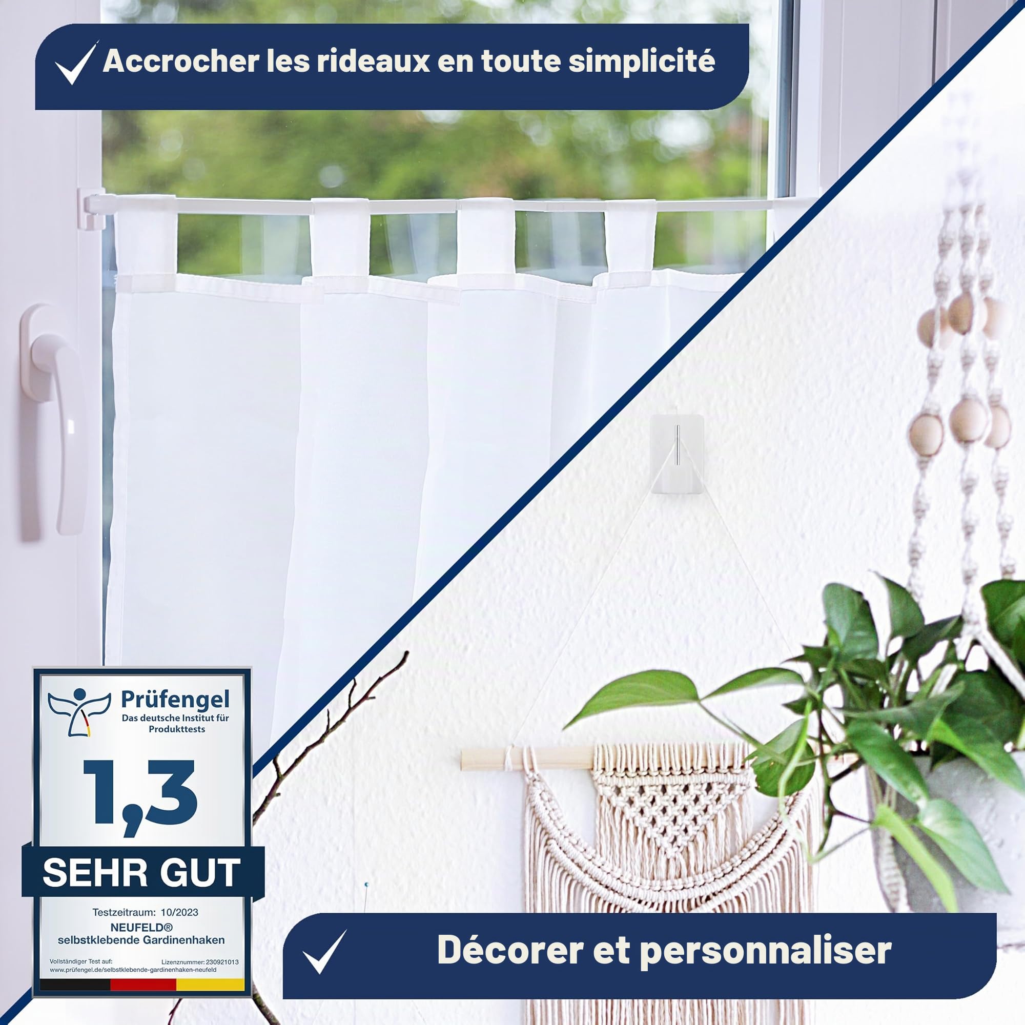 Crochets adhésifs Neufeld Lot de 24 Blancs 3 m sans perçage pour Rideaux