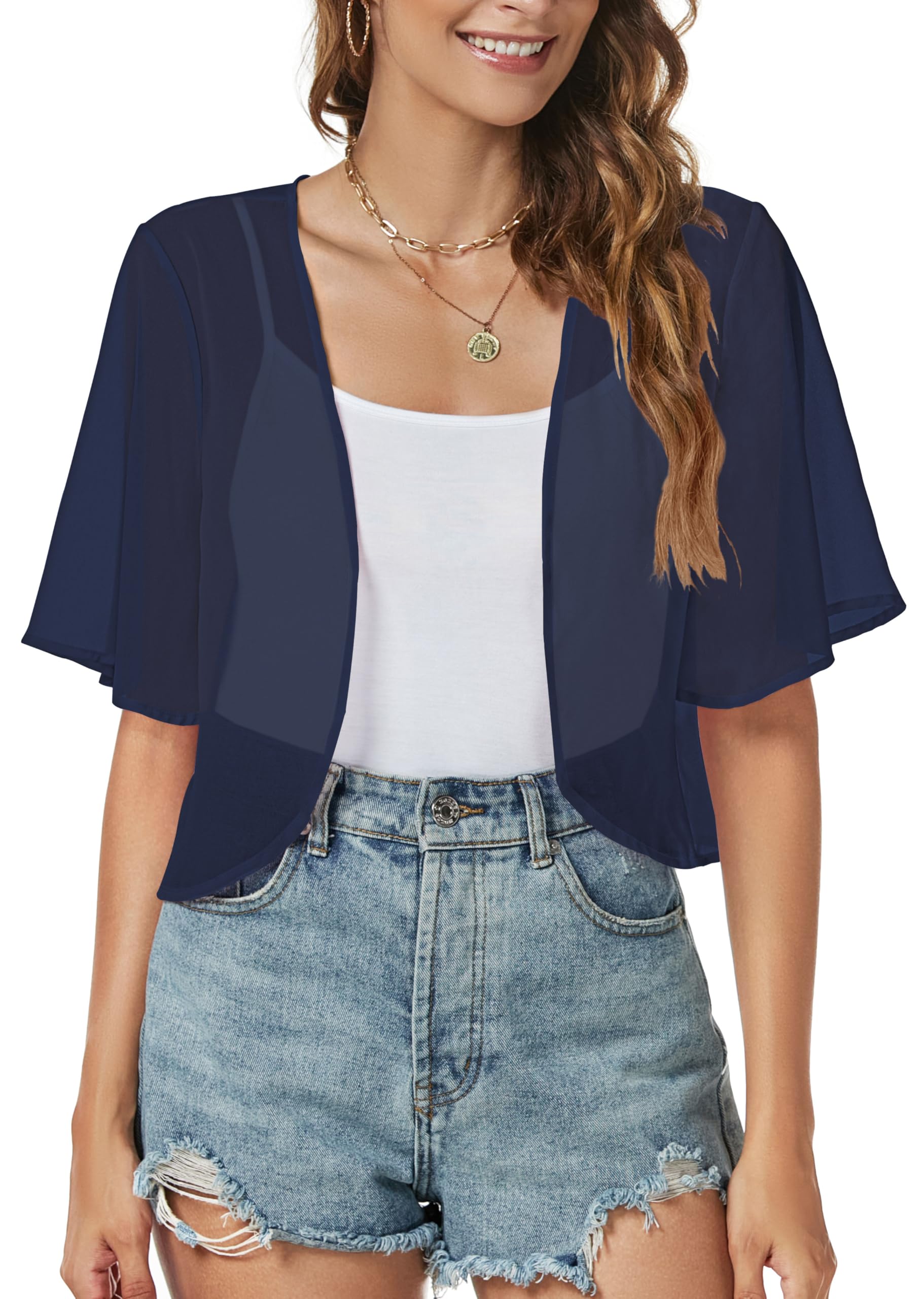 Women Shrug Chiffon Cardigan Open Front Short Sleeve Sheer Bolero for Dress | Lightweight Cropped,Loose Fit,Mesh Cover Up,Shawl Evening Dresses,Summer Outfits
