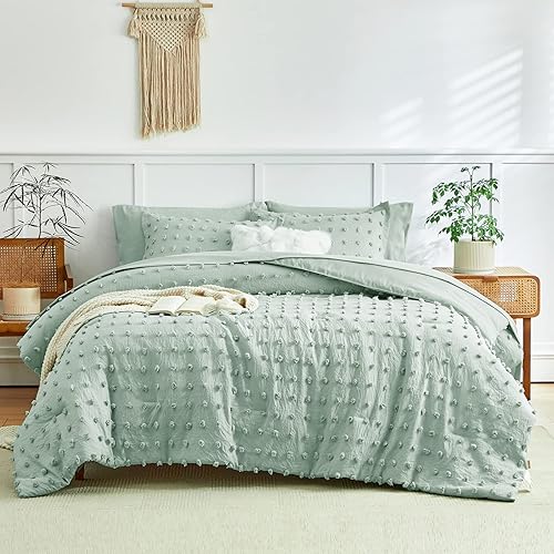 Miniatura 6 de Juego de edredón tamaño individual de 6 piezas con lunares copetudos con sábanas verdes, suaves y bordados, estilo Shabby Chic bohemio, color sólido