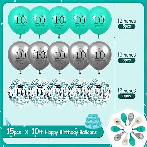 Miniatura 3 de Globos de cumpleaños número 10  15 globos de feliz cumpleaños verde azulado plateado turquesa suministros para niños, niñas y niños de 10 años de