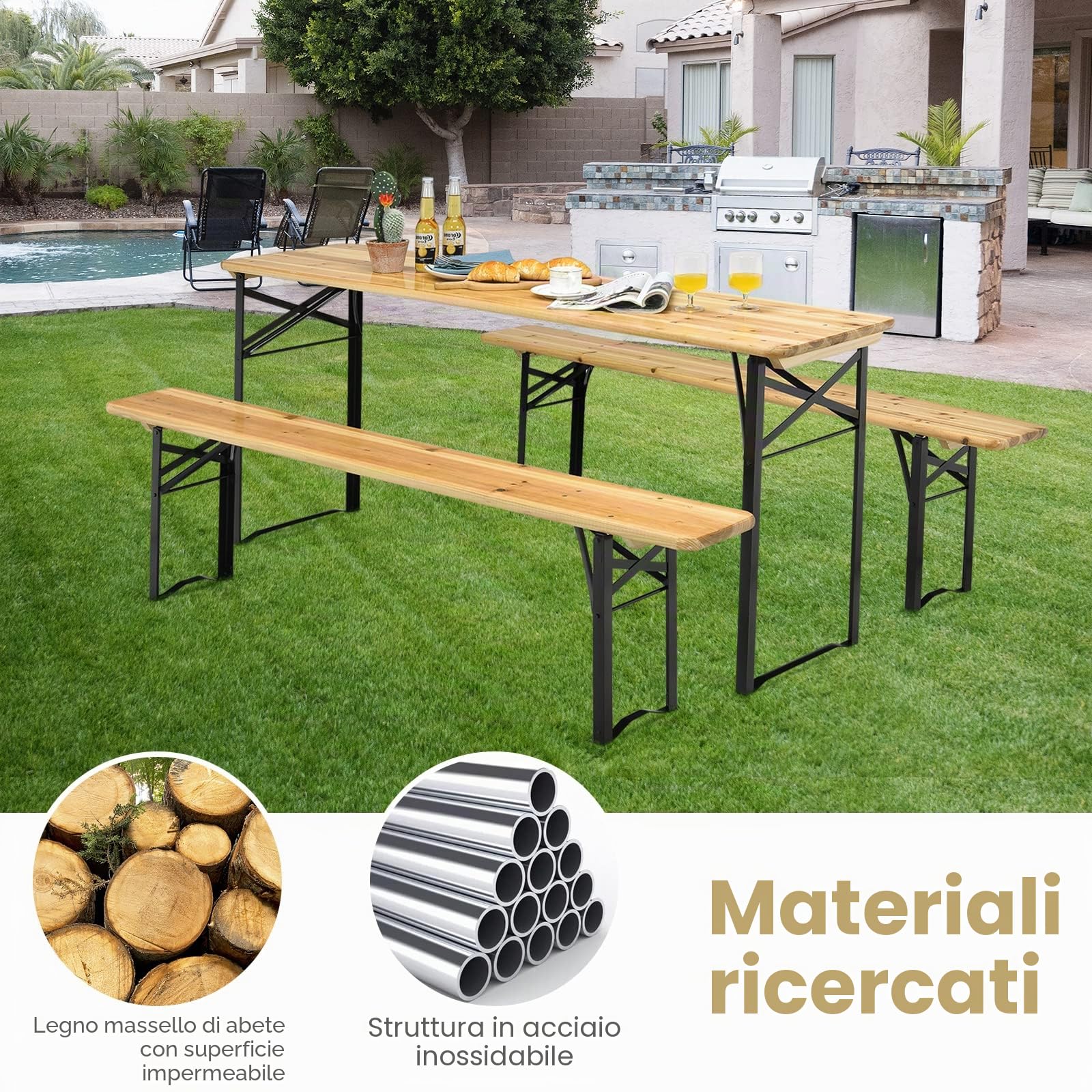 GIANTEX Set da Tavolo e 2 Panche da Campeggio Pieghevole, Tavolo da Picnic in Legno con Telaio e Gambe in Ferro Robusto，Adatto per Terrazza, Barbecue e Festa in Giardino