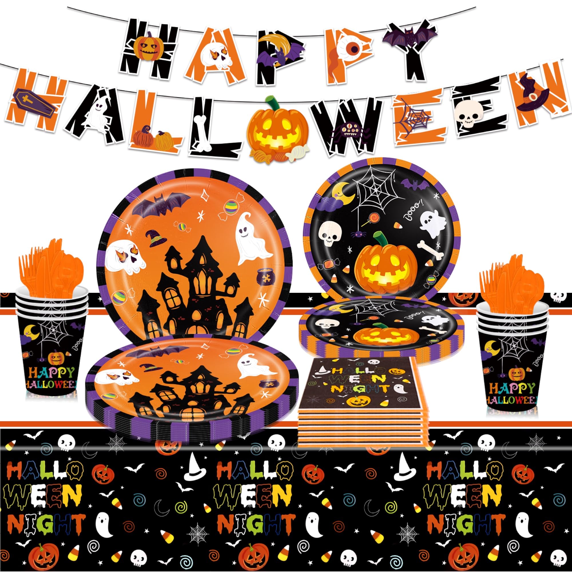 HIGHLAND 102 Pcs Halloween Tableware Set for 16 Guests – Banner, Plates, Cups, Napkins, Table Cloth, Cutlery Party Supplies – Decorations