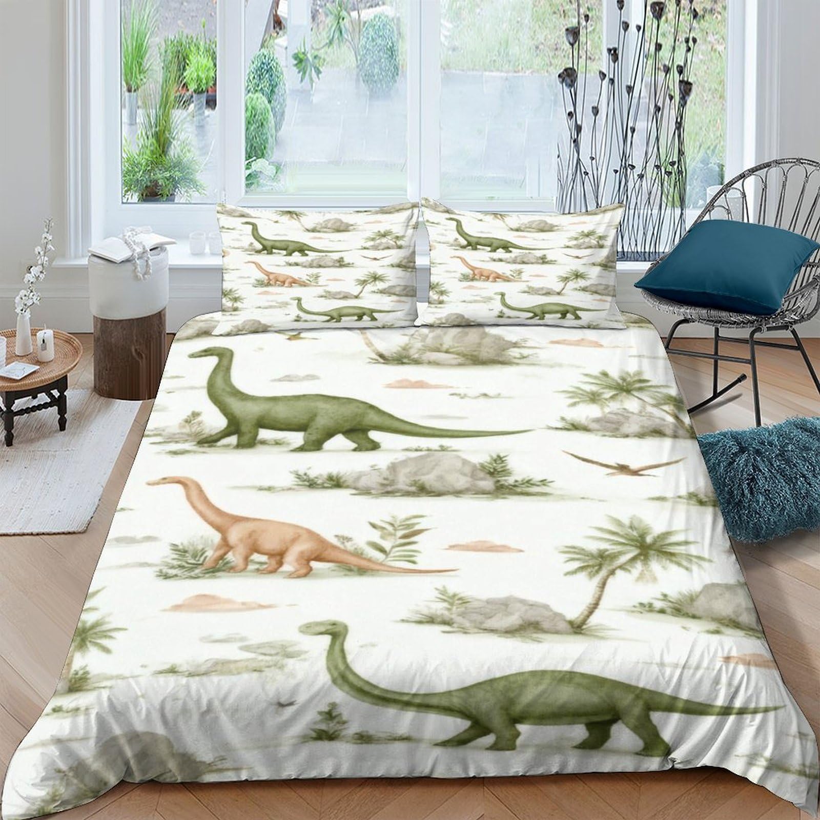 GPLZQXKJNH 3D Printed Green Dinosaur Duvet Cover Set Microfiber Soft Breathable Jurassic Animal Bedding with 2 Pillowcases for Bedroom Apartment Single（135x200cm）