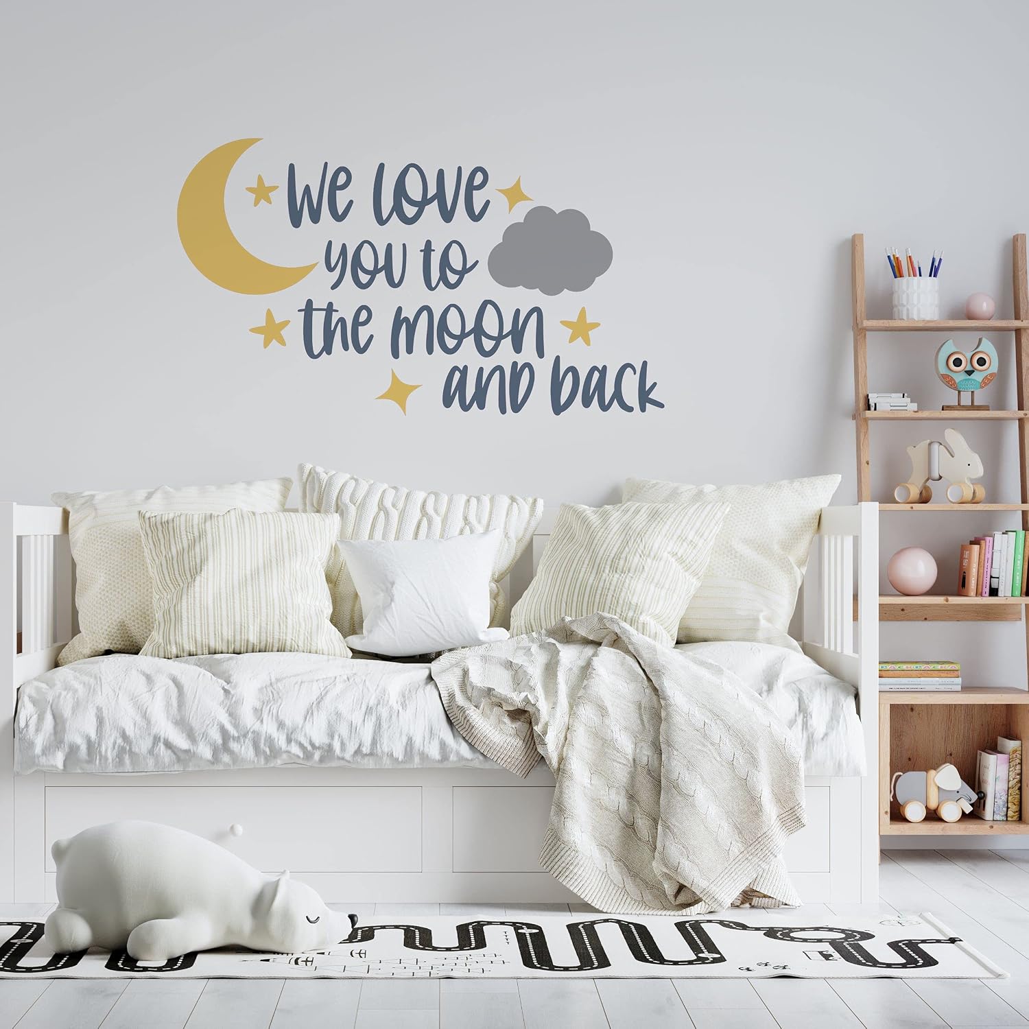 Inspirational Quotes Lettering Art Design Kids Bedroom Nursery Vinyl Wall Decal - 21" x 36" Adhesive Home Art Decor Moon Crescent Cloud & Stars Design Wall Sticker | We Love You to The Moon and Back