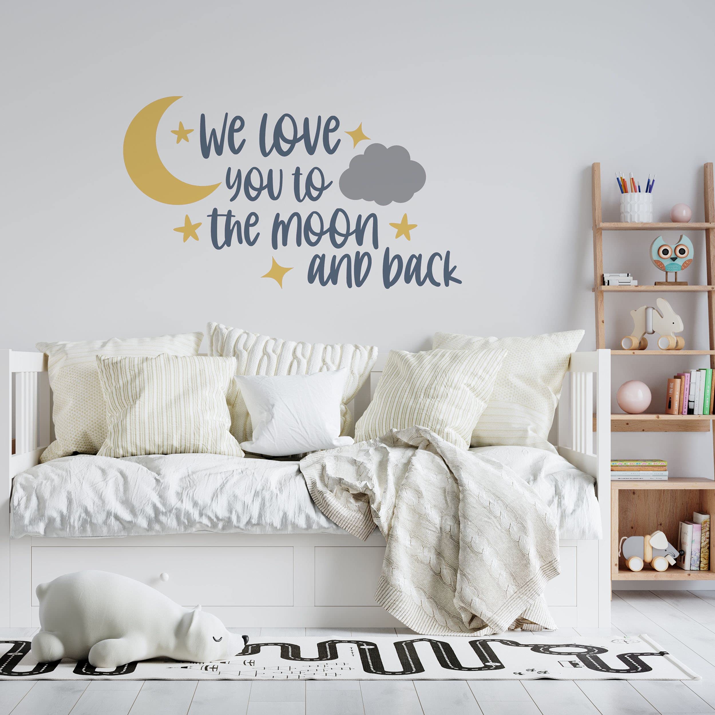 "We Love You To The Moon And Back" Wall Decal – 18x30 Inch Removable Vinyl Quote With Moon & Stars, Nursery Decor