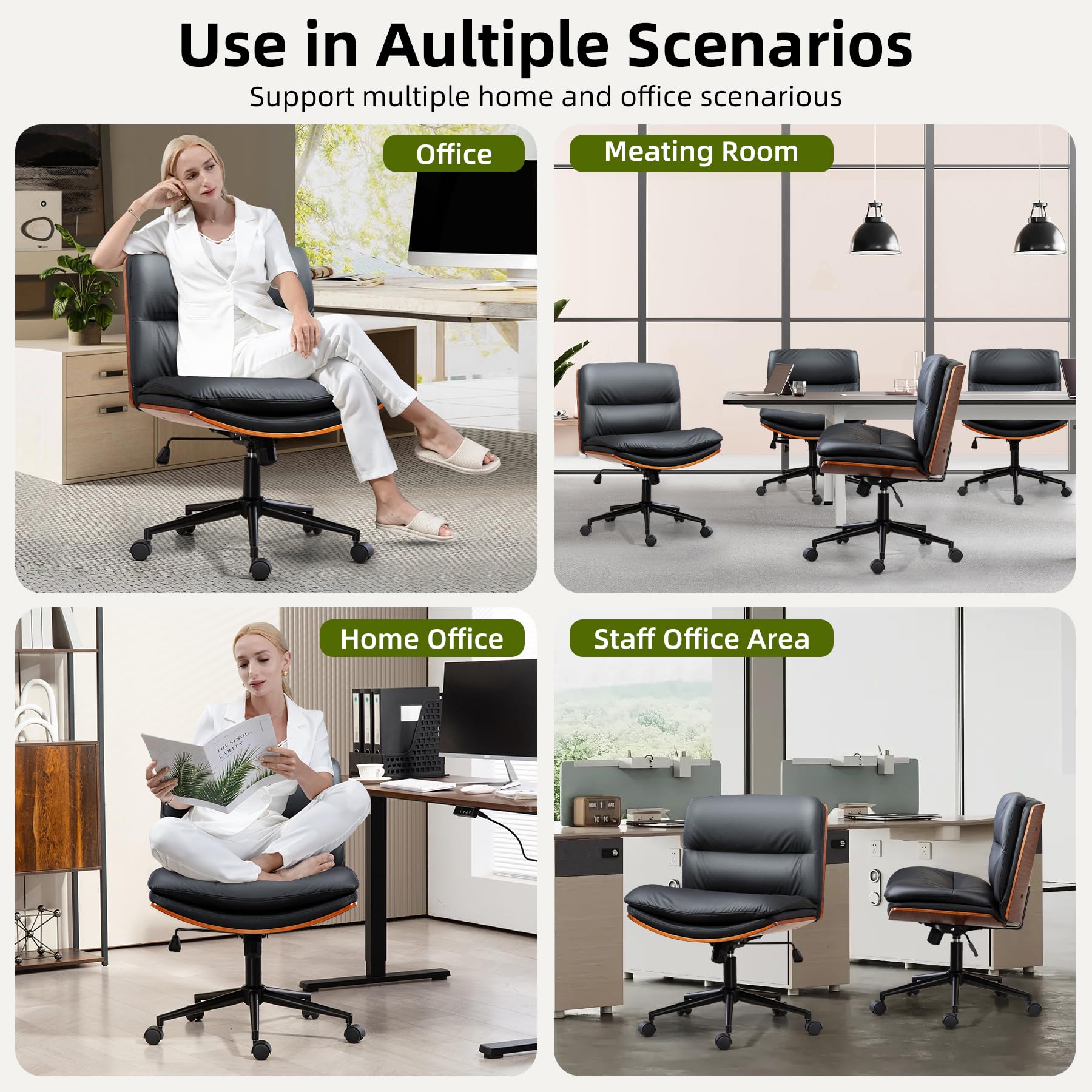 Office Chair, Criss Cross Legged Office Desk Chairs with Wheels, PU Leather Adjustable Swivel Walnut Task Chair with Wide Seat, Ergonomic Mid Back Computer Chair for Meeting Room, Home