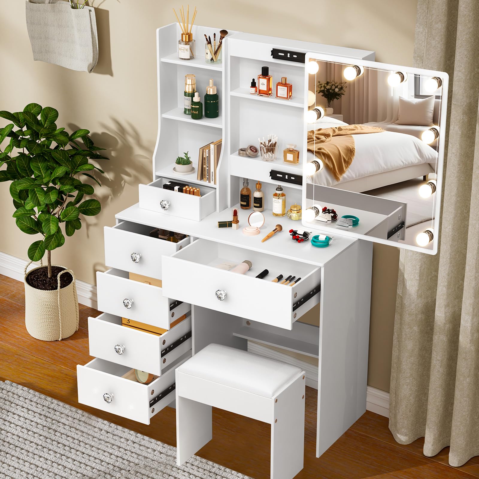 Toeletta Trucco Con Specchio E Luci - 80x36x131cm, 6 Cassetti, Bianco, Per Camera Da Letto