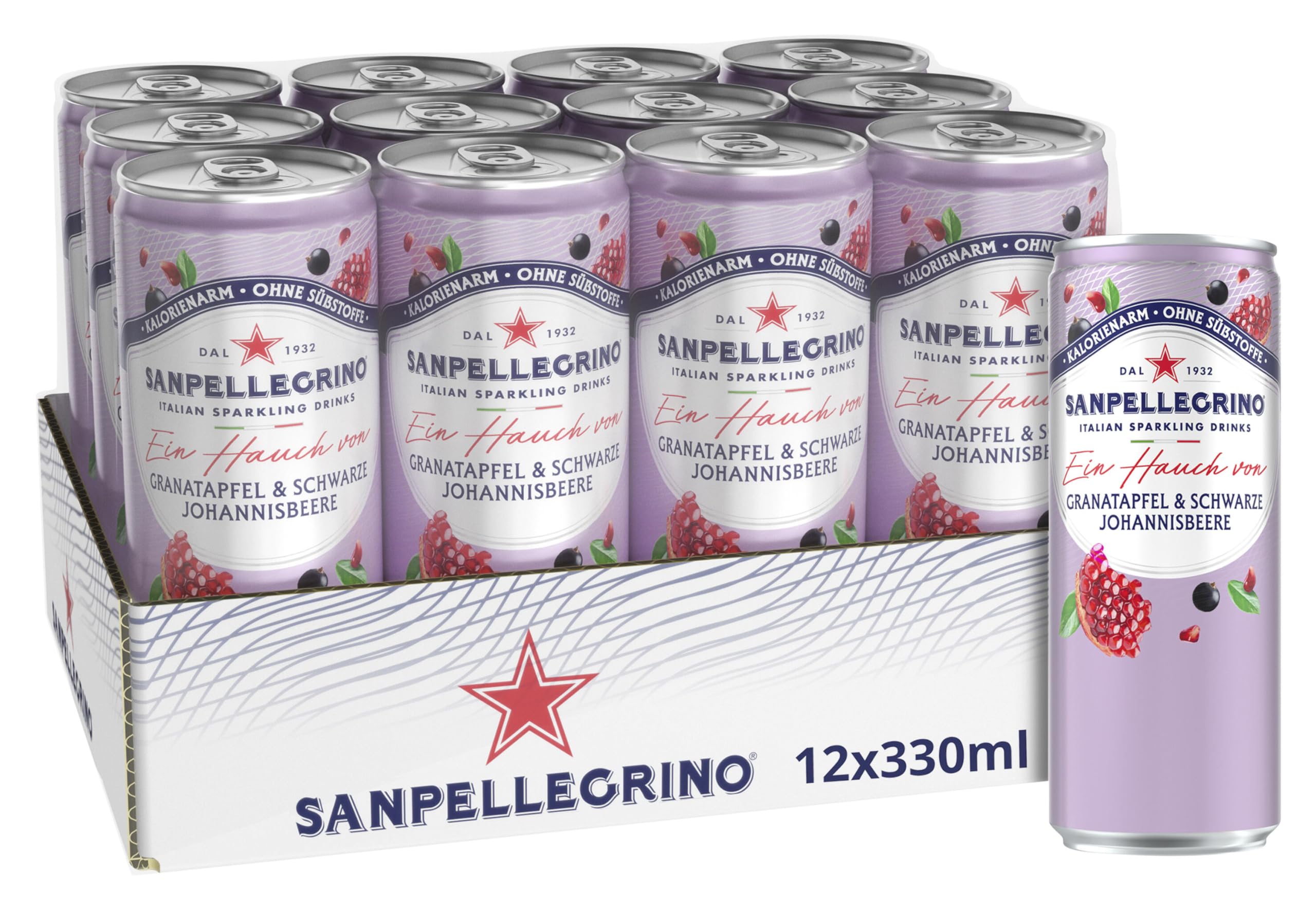 San Pellegrino Ein Hauch von Granatapfel & Schwarze Johannisbeere, Kalorienarme Limonade 33 Kalorien pro Dose, 12er Pack (12 x 330ml) Einweg-Dosen