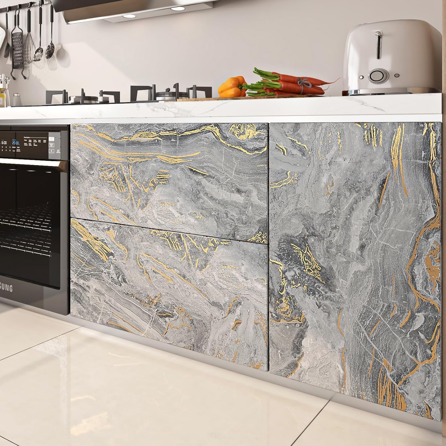 Carta Da Parati Adesiva Effetto Marmo Grigio - Pellicola Autoadesiva Impermeabile Per Cucina, Bagno E Mobili - 40cm X 200cm - Foto 4