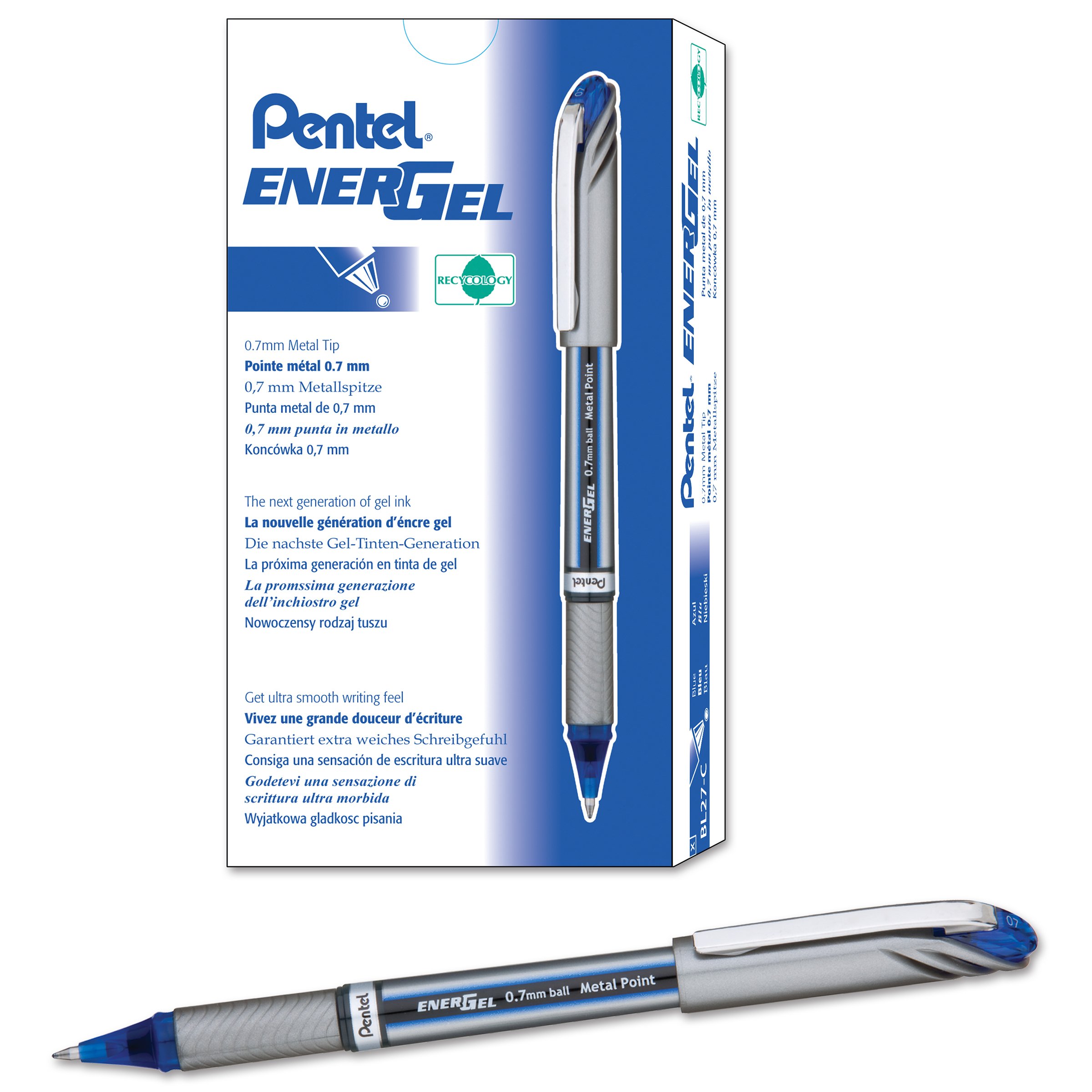 Energel Nv Gel Ink Pen, (0.7mm), Medium Point Capped, Metal Tip, Blue Ink, Box Of 12 (Bl27-C)