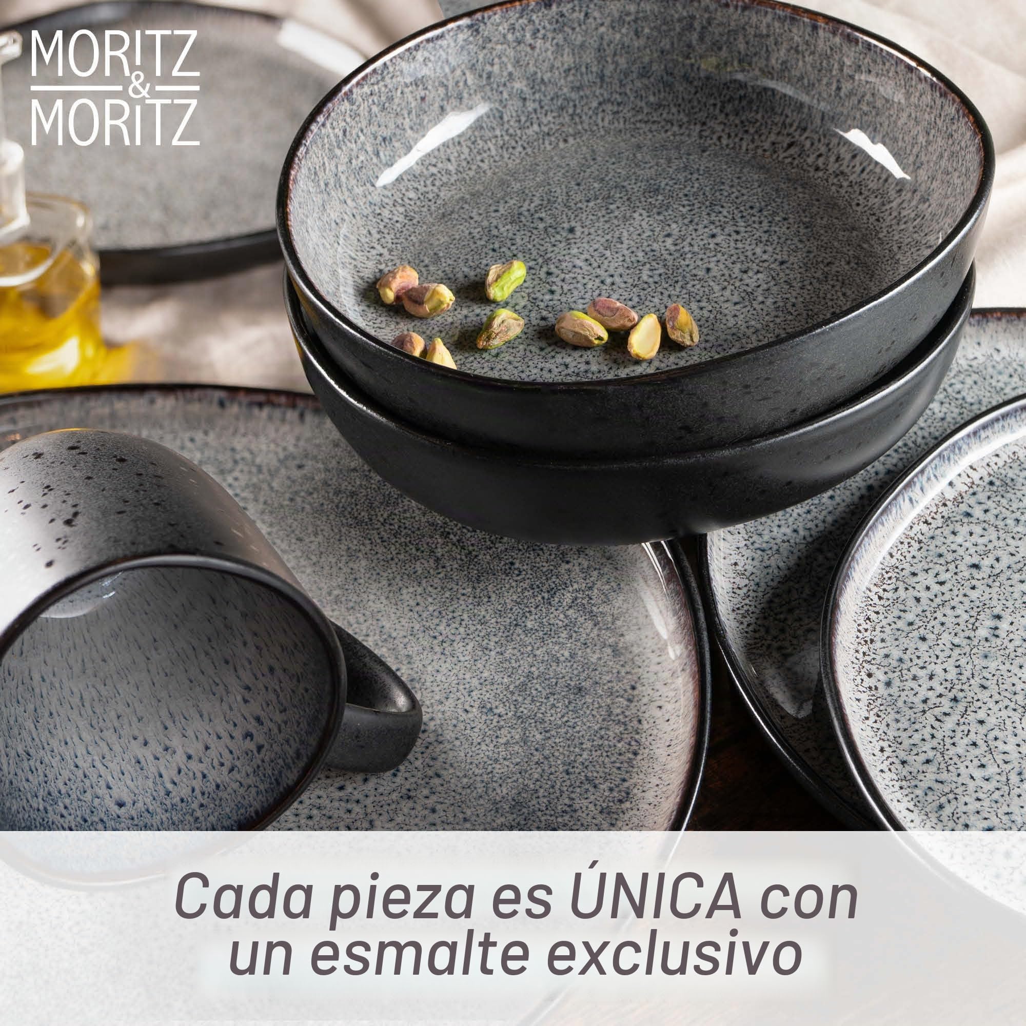 Moritz & Moritz Vajilla de 18 piezas para 6 personas, color gris, elegante juego de platos de gres de alta calidad, vajilla para 6 personas, 6 platos de cena, 6 platos de postre, 6 platos hondos