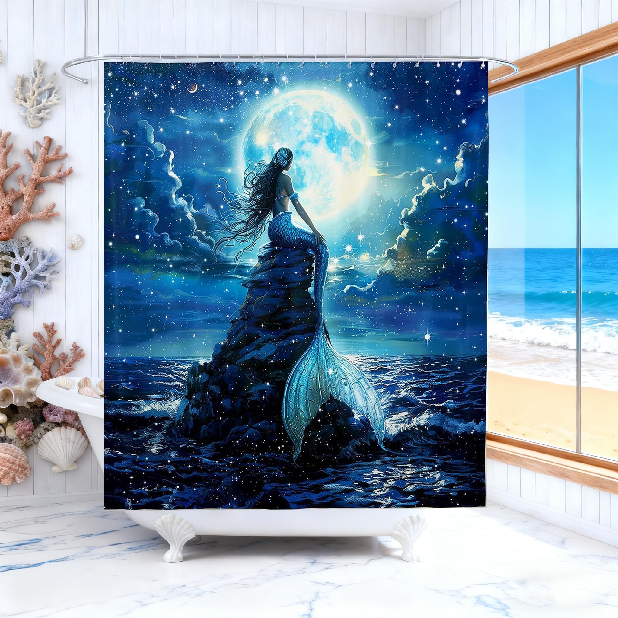 Mermaid Ocean Theme Shower Curtain, Glitter Starry Sky Waterproof, Moonlight Fish Scales Bathroom Decor for Kids Boys Girls, Galaxy Cloud Blue Bath