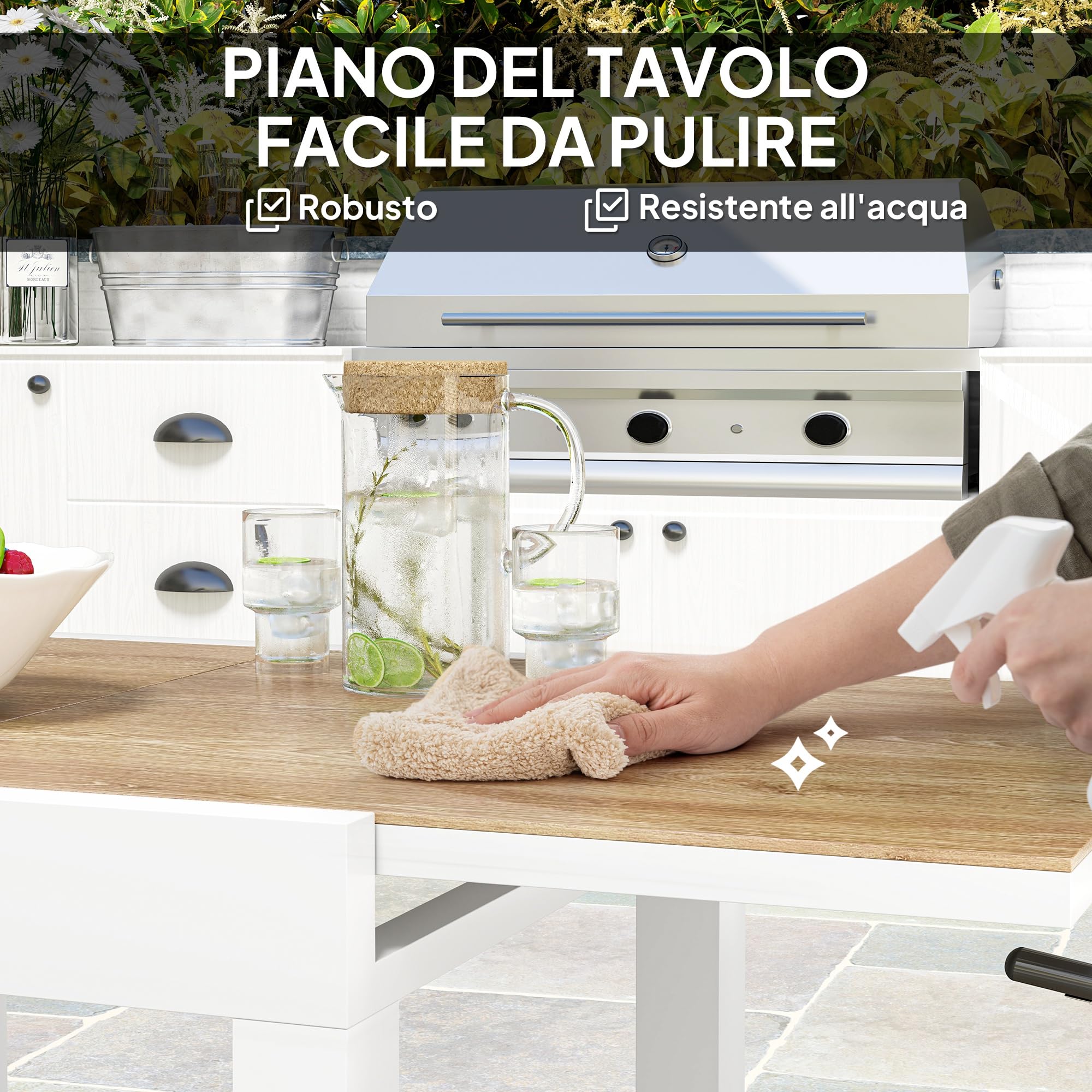 Outsunny Tavolo da Giardino Allungabile da 80/160x80x75 cm, Tavola da Pranzo Estensibile per 4-6 Persone Rettangolare in Alluminio con Piano in PSPC, Per Patio, Terrazzo, Balcone ed Esterno, Bianco