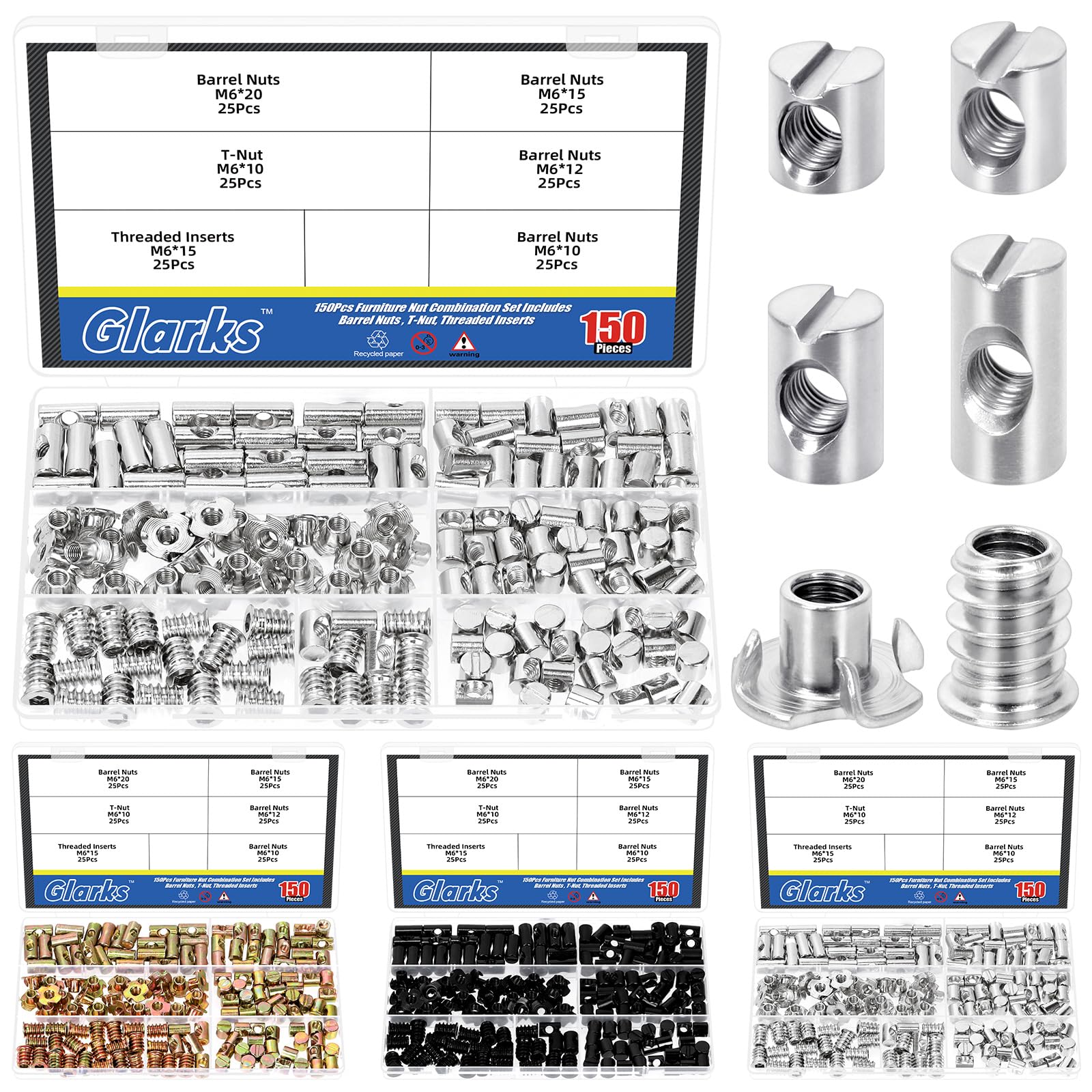 Glarks 150pcs M6 x 10/12/15/20mm Nickel Plated Barrel Cross Dowels Slotted Nut Kit, Includes 100pcs Barrel Nut, 25pcs M6x10mm 4-Pronged Tee Nut, 25pcs M6x15mm Hex Socket Threaded Insert Nuts