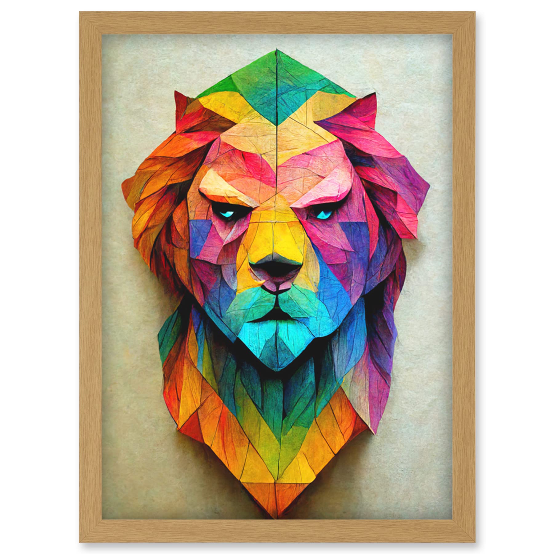 Doppelganger33 LTD Vibrant Geometric Lion Head Decoupage Artwork Framed Wall Art Print A4