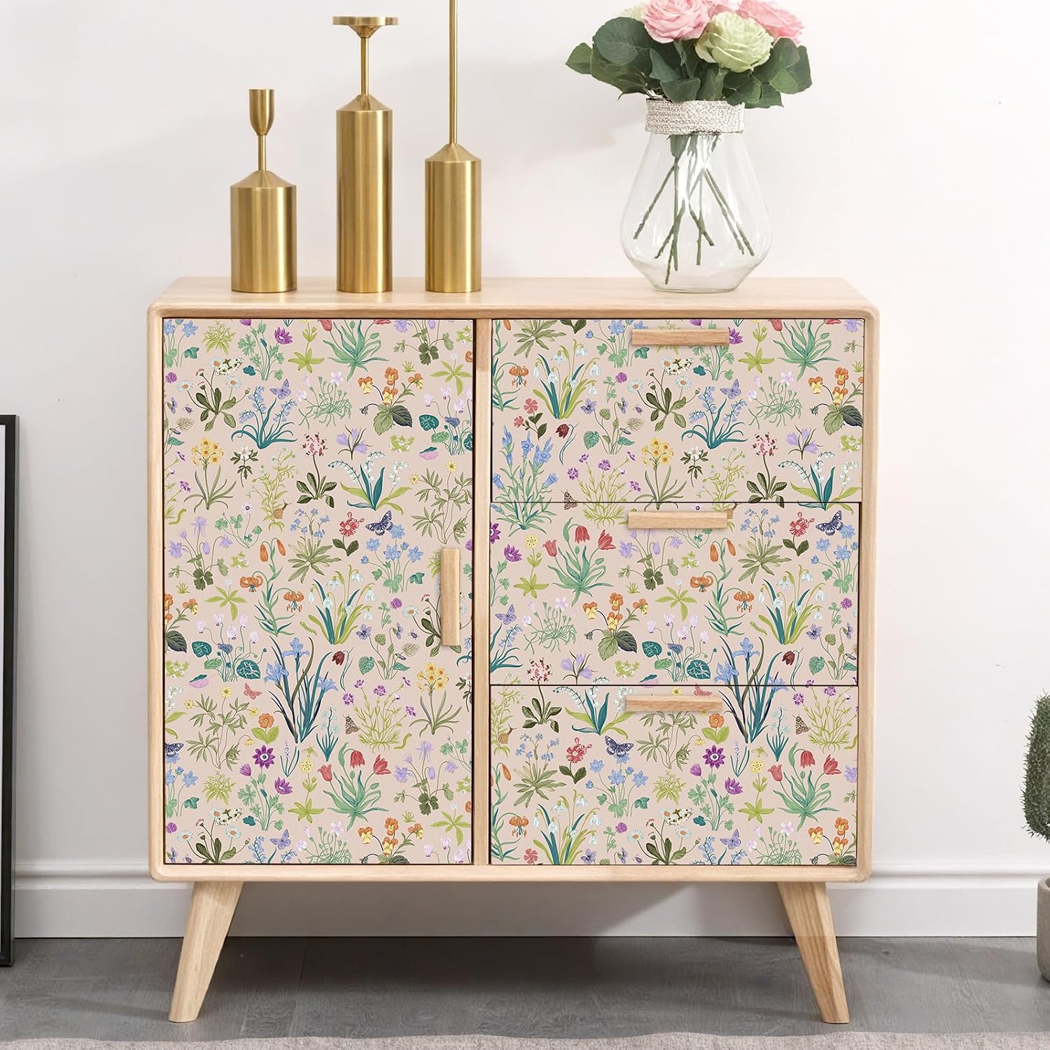 VEELIKE Vintage Pink Floral Peel and Stick Wallpaper Boho Meadows Floral Wallpaper for Girls Room Bedroom 17.7''x354'' Removable Self Adhesive Pink Floral Contact Paper for Cabinets Walls Drawers