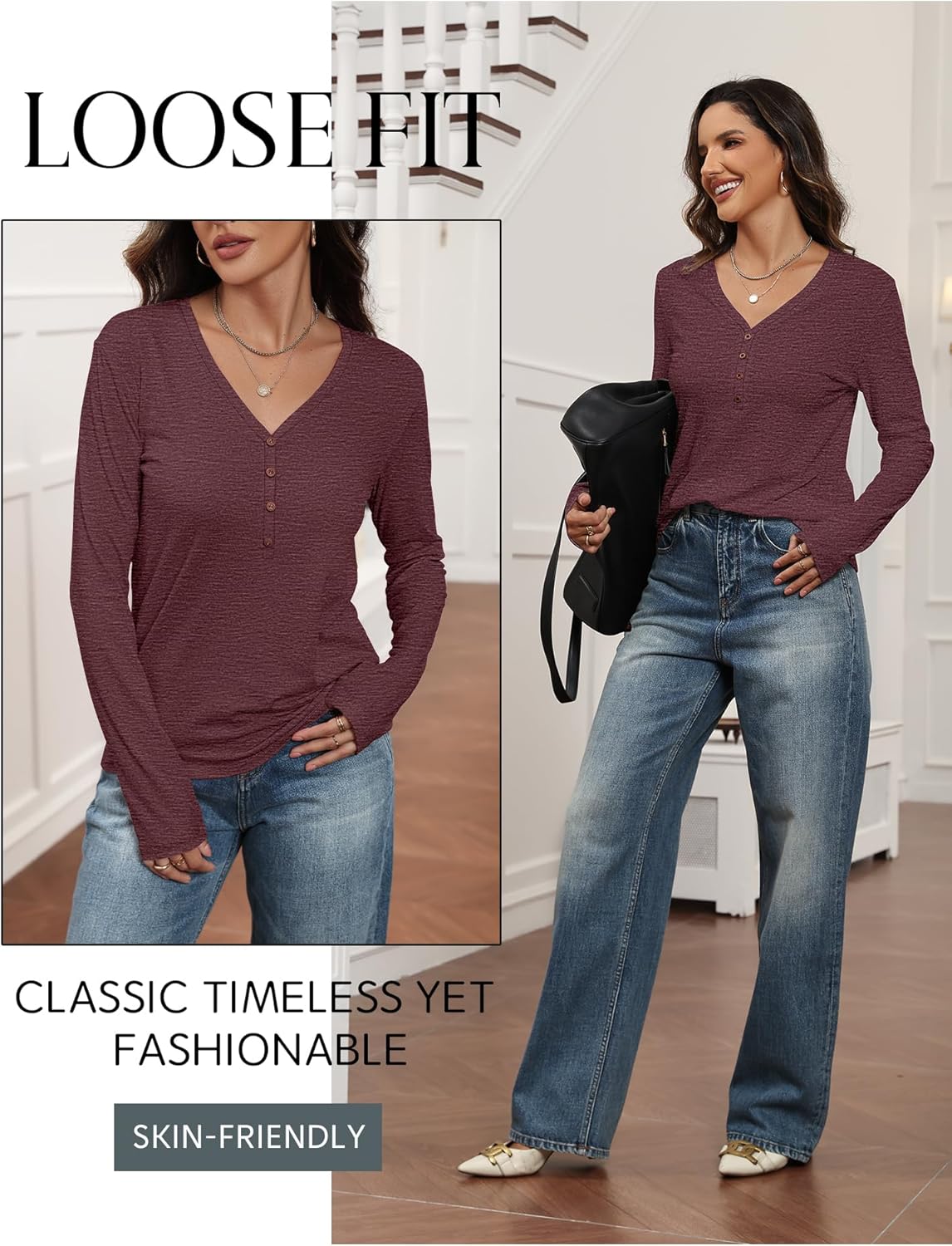 Womens Long Sleeve V Neck T Shirts 2025 Fall Tops Casual Loose Fit Henley Cute Trendy Tee - Image 5
