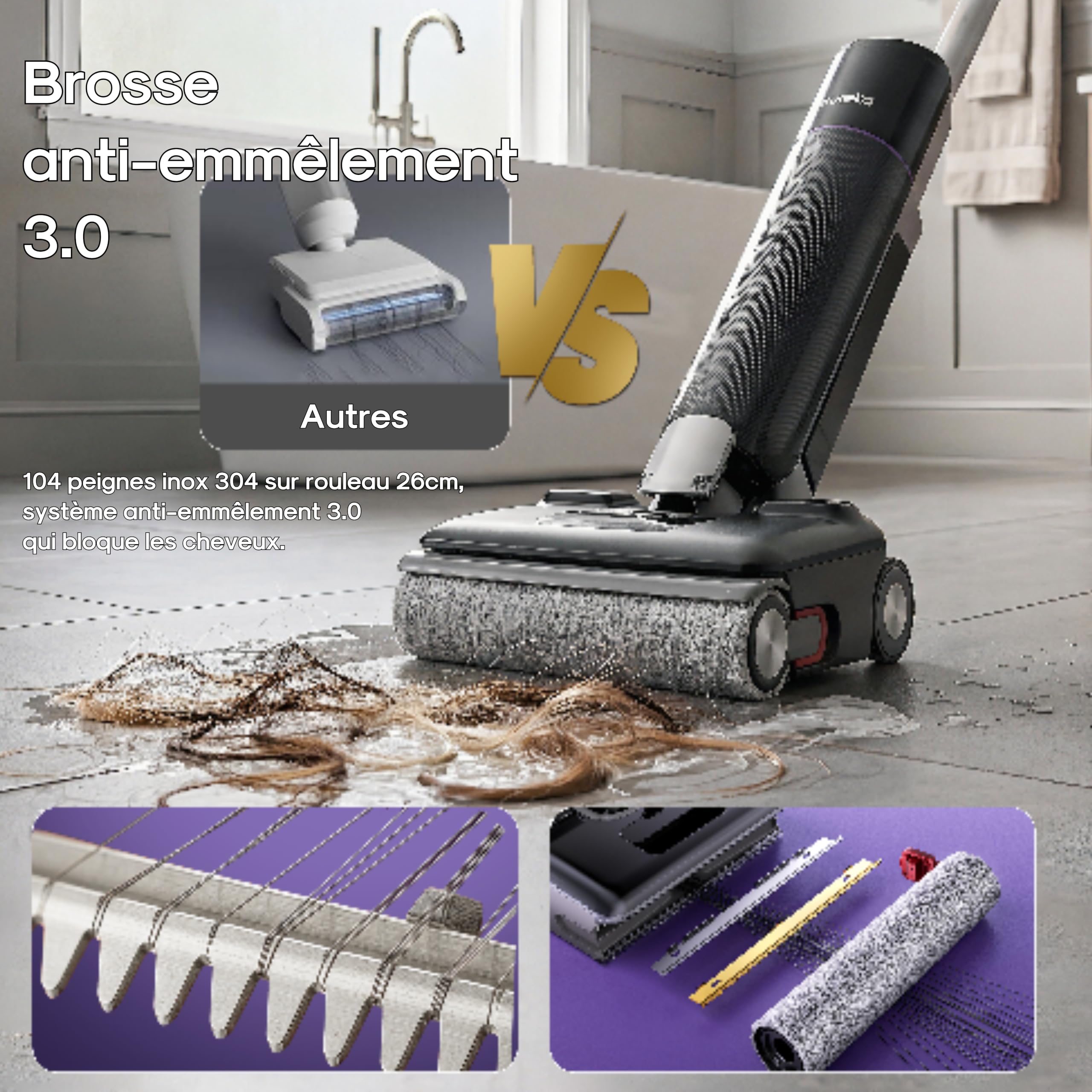 Eureka Aspirateur Laveur sans Fil, 24000Pa Aspiration, Auto-Nettoyage, séchage air Chaud 70°C, Brosse Anti-emmêlement 3.0, 180° à Plat, sols durs & Poils Animaux,Floorshine 830