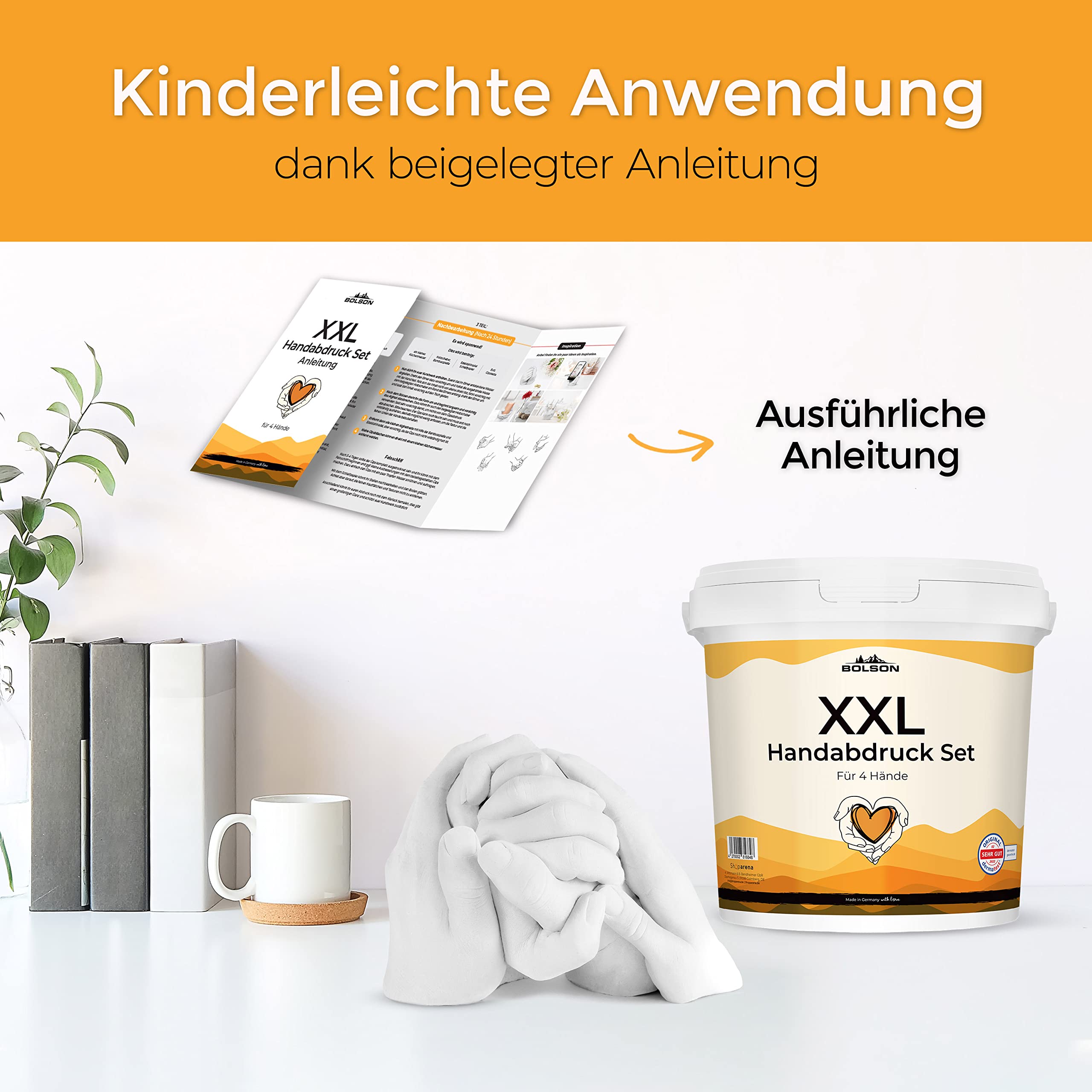 Bolson 3D XXL Handabdruck Set für Familie & Freunde - detailgetreues Gipsabdruckset - Set für 4 Hände mit GRATIS Klarlack & Pinsel - Super Geschenkidee zum Hochzeitstag, Jahrestag, Geburtstag
