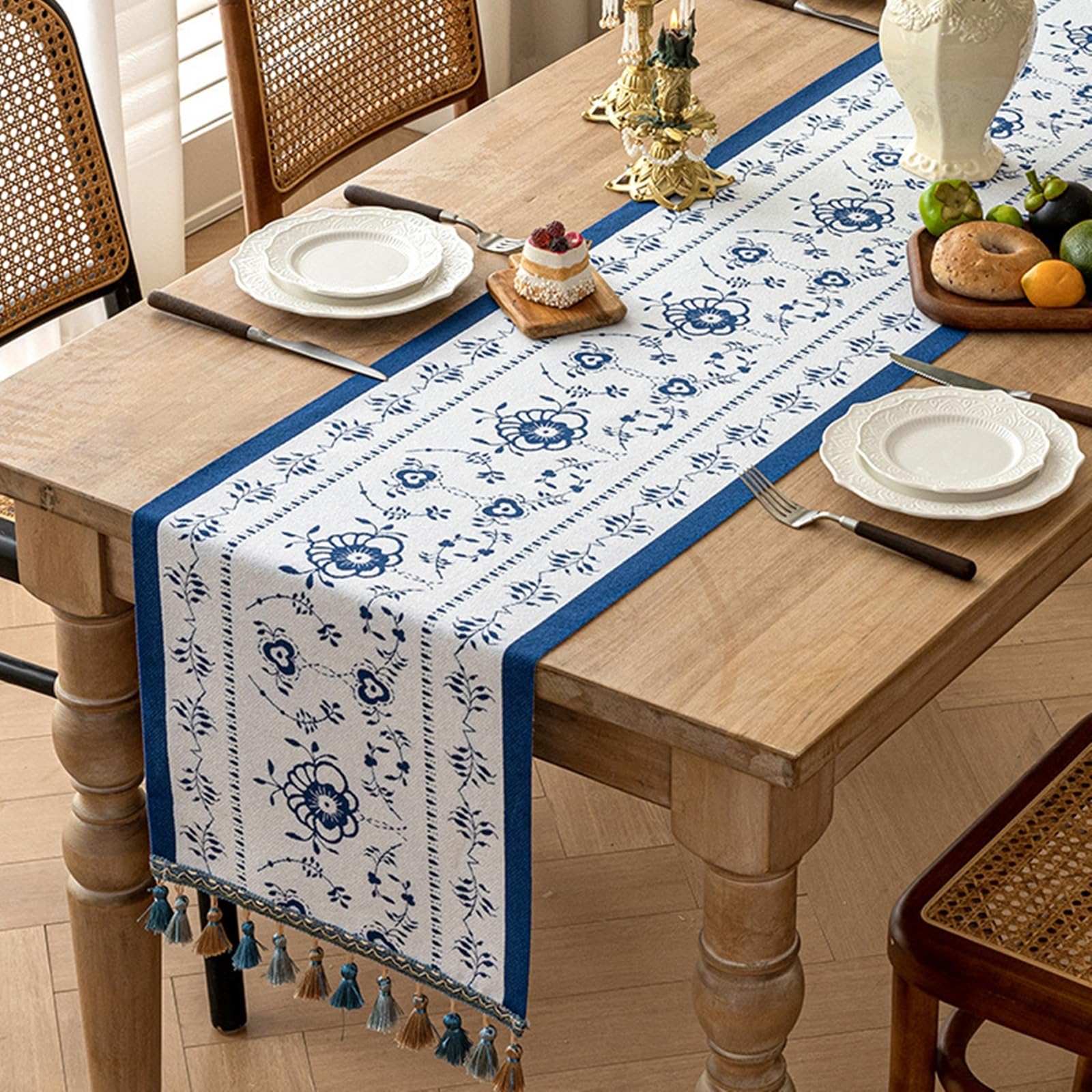 Tischläufer Hochzeit Polyester, Tischläufer Landhausstil 35x240 cm, Leinenoptik mit Blauem Blumenjacquard