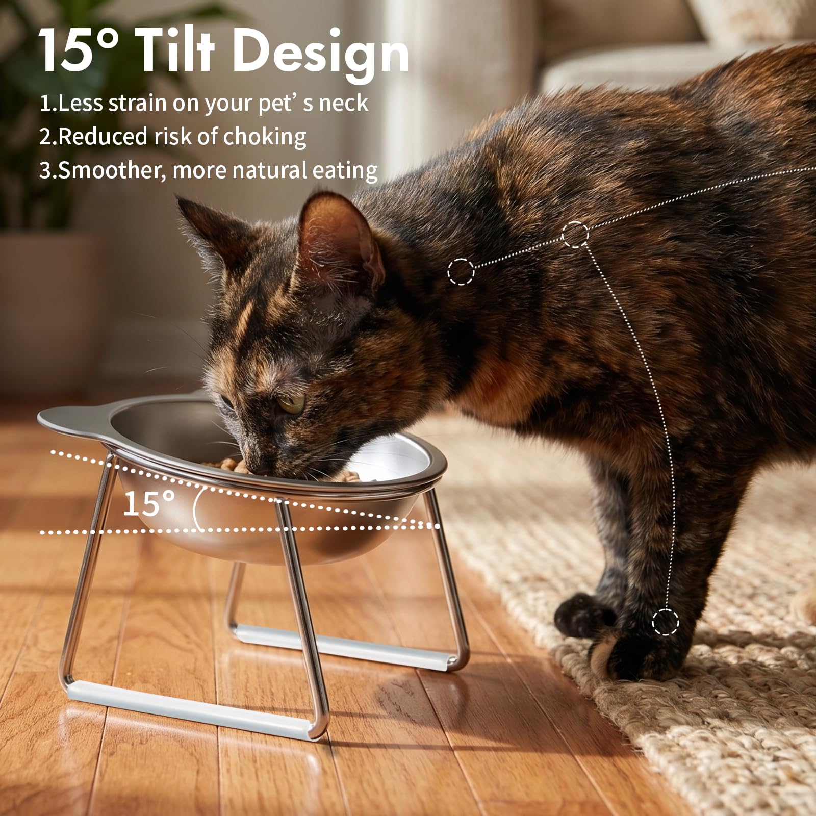 Erhöhter Katzennapf mit 15° Neigung - 5,9 Zoll 304 Edelstahl Erhöhte Schale für kleine Katzen & Hunde, inklusive 1M DIY Silikonhülle.Ergonomisches Design hilft, Erbrechen & Schnurrhaare Stress zu