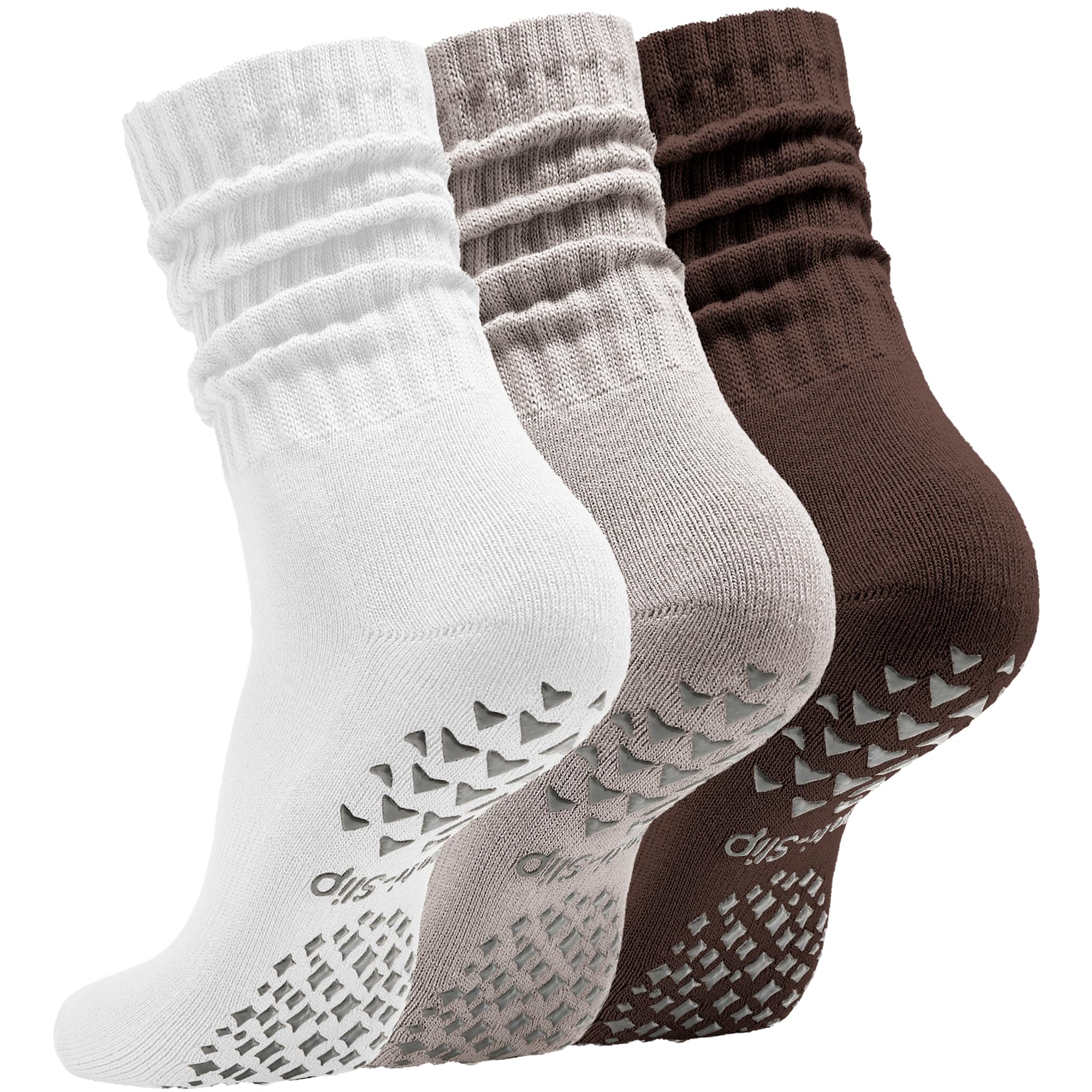Womens Pilates Socks with Grips 3 Pairs Scrunch Crew Non-Slip Yoga Barre Workout Hospital Slipper Slouch Socks