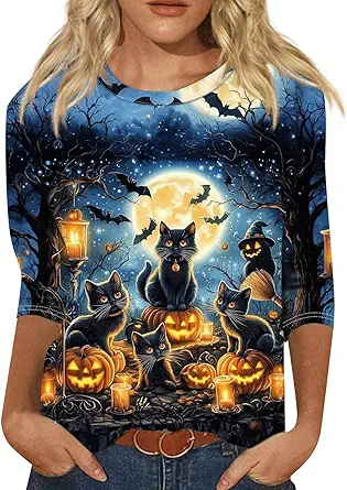 Cute Funny Halloween Shirts for Women Plus Size 3/4 Length Long Sleeve Womens Tops Witch Gothic Renaissance Shirt