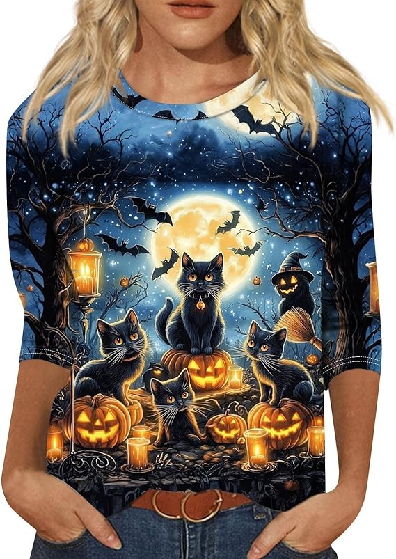 Cute Funny Halloween Shirts for Women Plus Size 3/4 Length Long Sleeve Womens Tops Witch Gothic Renaissance Shirt