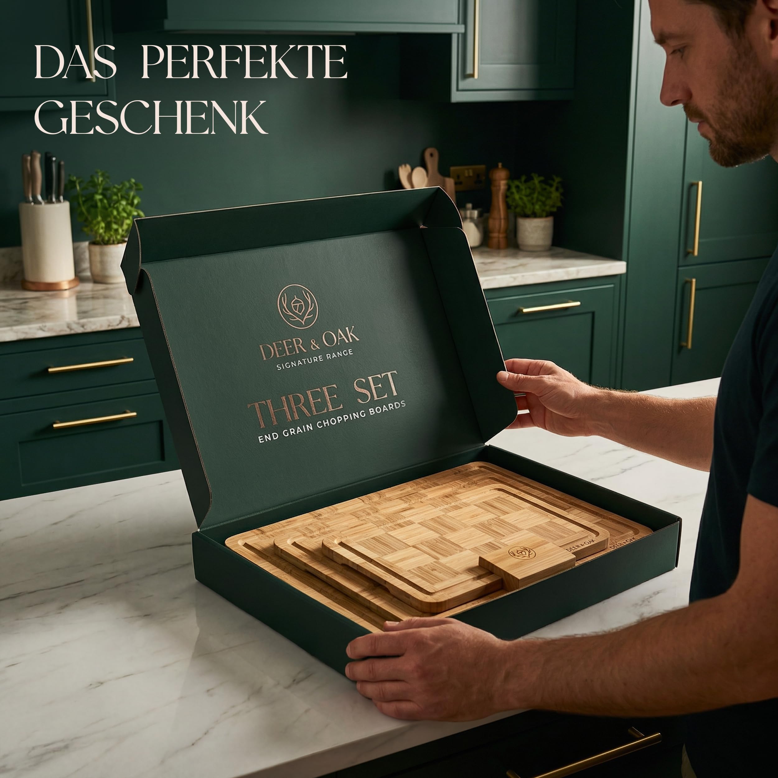 Deer & Oak 3-teiliges Schneidebrett-Set aus karbonisiertem Endkorn-Bambus mit Ständer, vorgeöltes Holz-Schneidebrett-Set, Korbgeflecht-Design, langlebige Metzgerblock-Schneidebretter